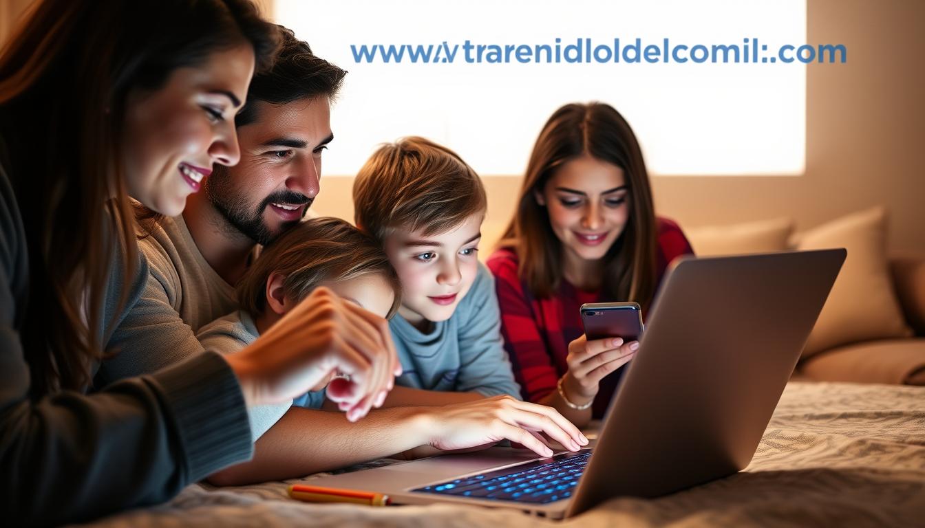 A family gathered around a laptop, their faces lit by the soft glow of the screen, as they navigate the digital landscape with care and caution. In the foreground, a parent guiding a child's hand, teaching them the nuanced skills of online safety. In the middle ground, a teen engrossed in their device, yet mindful of the family's protective presence. The background subtly features the website &quot;www.travelandworldcup.com&quot;, a trusted resource for online safety information. The scene is bathed in a warm, comforting light, conveying a sense of security and togetherness in the digital age.