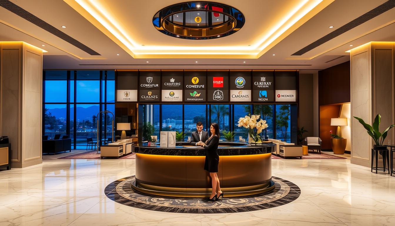 Luxury hotel booking partners: a high-end lobby showcasing a sleek, modern design with warm lighting, polished marble floors, and elegant furnishings. In the foreground, a concierge desk with a welcoming receptionist stands ready to assist guests. The middle ground features several hotel logos and branding, conveying a sense of prestige and trustworthiness. The background depicts a panoramic view of the hotel's exterior, with a blend of contemporary architecture and lush greenery, creating a serene and sophisticated ambiance.