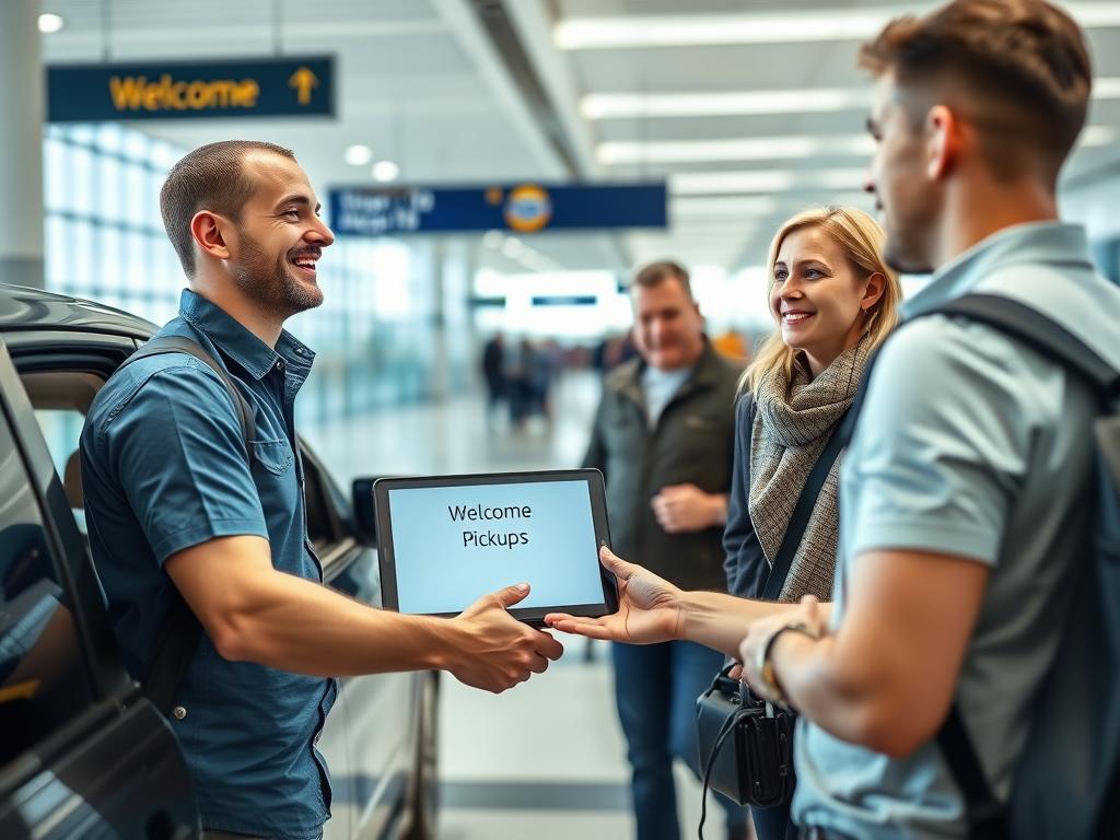 Traveler meeting Welcome Pickups driver at airport arrival area