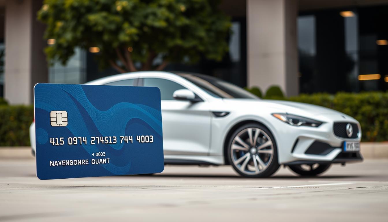 Generate an image of a credit card with a rental car in the background