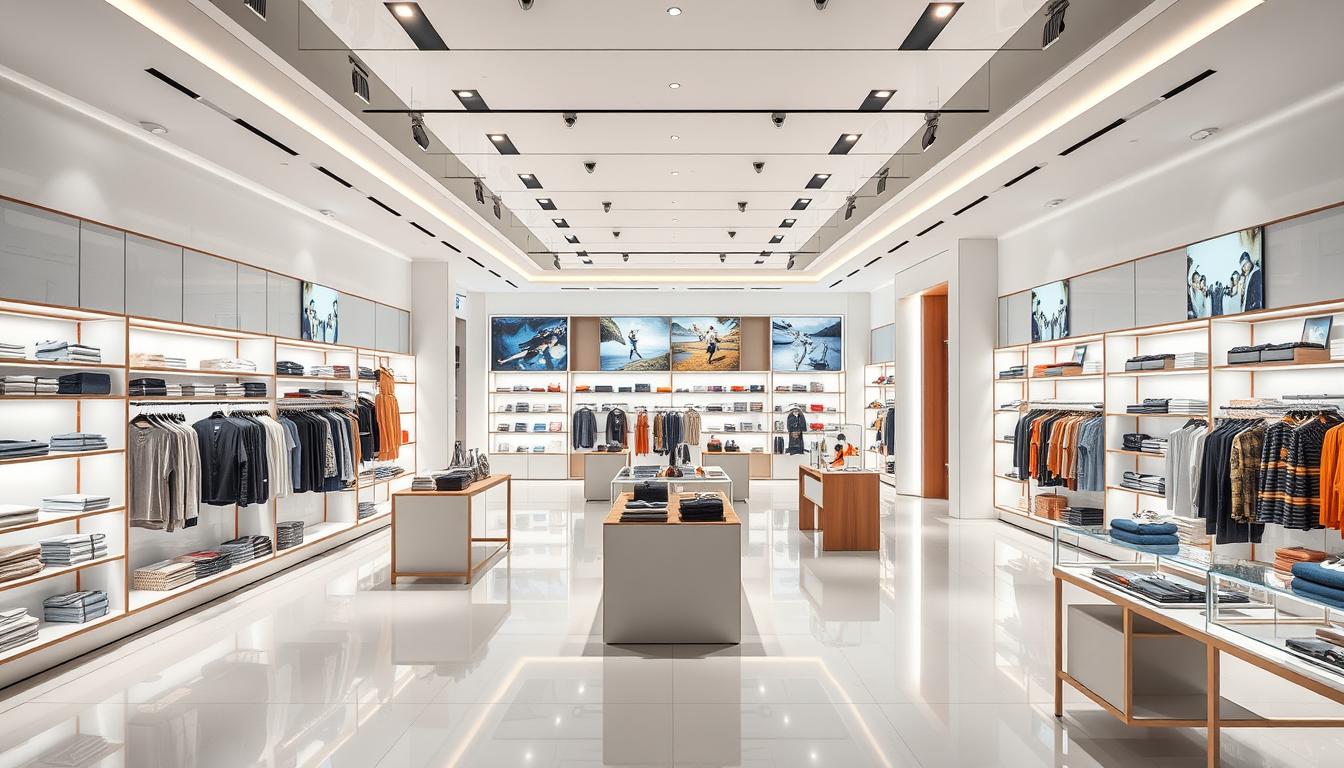 A visually striking retail store layout showcasing strategic product placement. A clean, modern interior with bright, directional lighting illuminating various merchandise displays. Shelves, racks, and tables arranged in an intuitive, customer-friendly flow. Eye-catching focal points draw the visitor's attention, leading them on an immersive journey through the store. Sleek, minimalist design elements complement the brand identity of www.travelandworldcup.com, creating a cohesive, high-end ambiance. The overall atmosphere is one of thoughtful, purposeful spatial organization, designed to optimize the shopping experience.
