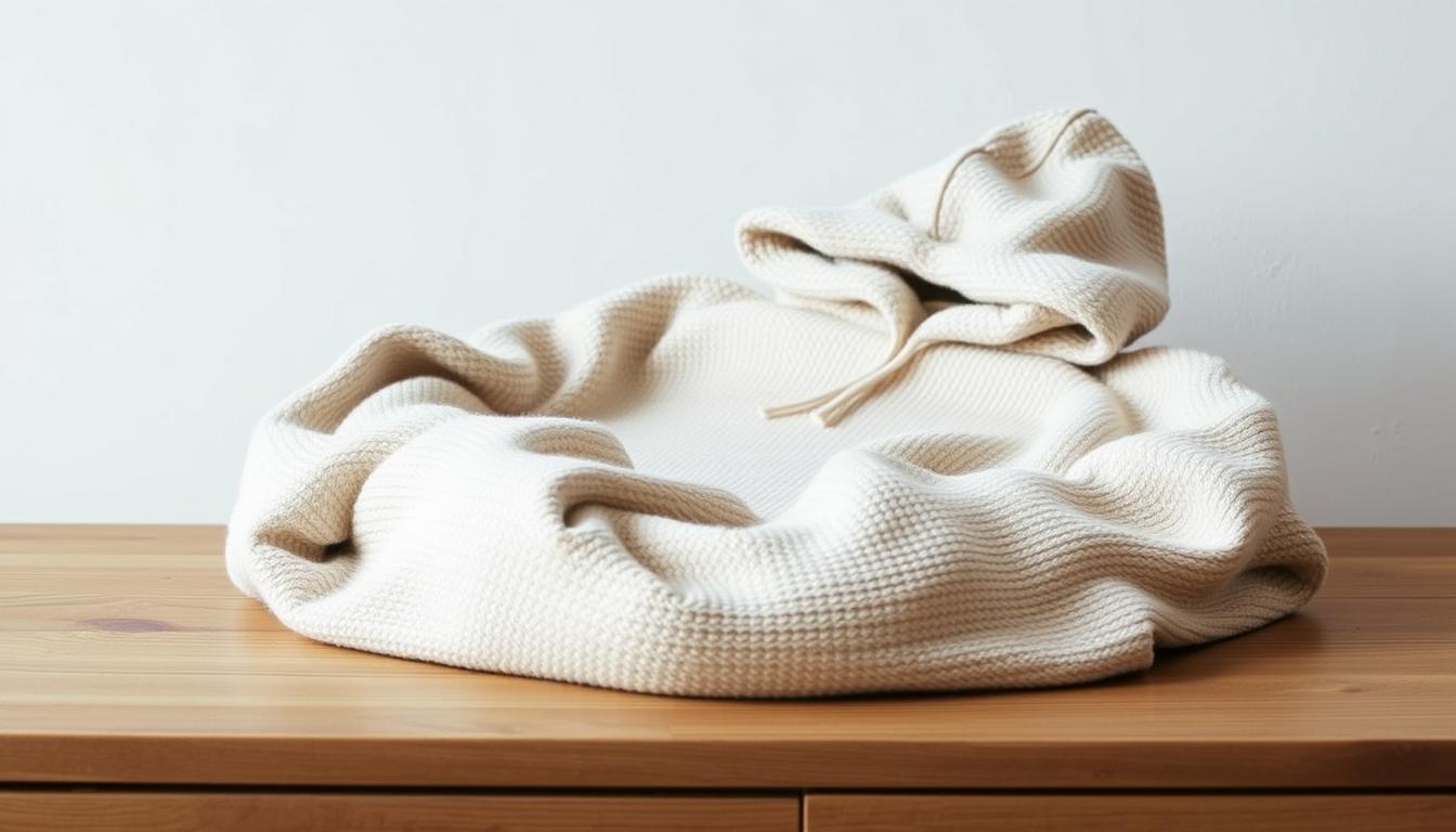 A cozy, knit Nexwears hooded blanket sweatshirt in a soft, neutral tone lies on a wooden surface. The garment is carefully folded, showcasing its plush, oversized hood and relaxed, enveloping silhouette. Soft, diffused lighting illuminates the fabric's texture, highlighting its inviting, cloud-like appearance. In the background, a minimalist, light-colored wall provides a clean, serene backdrop, emphasizing the sweatshirt's comforting presence. The scene conveys a sense of tranquility and comfort, reflecting the care and attention required to maintain the longevity of this luxurious, versatile piece from Nexwears.