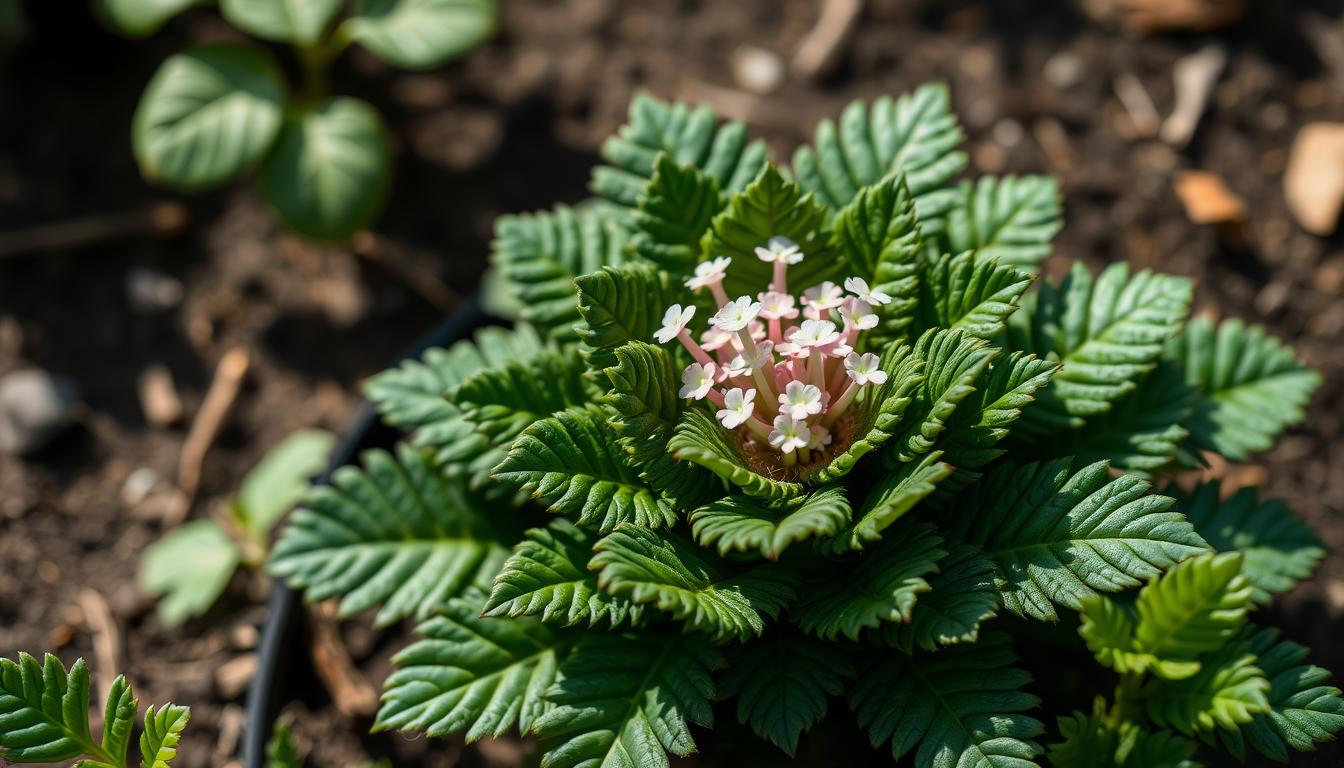 Salad Burnet A Versatile Herb for Your Dishes 4 A vibrant, close-up photograph of a healthy, lush salad burnet plant (Poterium sanguisorba) growing in a neatly tended garden bed. The plant has dark green, finely-toothed leaves arranged in a rosette formation, with delicate, pinkish-white flower clusters emerging from the center. Soft, diffused natural lighting illuminates the scene, casting gentle shadows and highlighting the plant's intricate details. The image is captured at a medium angle, allowing the viewer to appreciate the plant's full structure and verdant foliage against a subtly blurred, earthy background, conveying a sense of serene, botanical abundance.