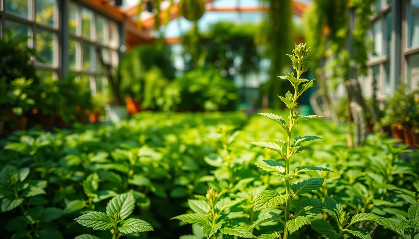 Grow Herbs Indoors All Year: 10 Best Indoor Herbs 6 A lush, well-lit indoor greenhouse showcasing a vibrant assortment of mint plants. Sunlight streams through large windows, casting warm shadows on the verdant foliage. The plants are arranged in neat rows, their leaves gently rustling. In the foreground, a single mint sprig stands tall, its serrated edges and bright green hues accentuated by the soft, diffused lighting. The background features other thriving herbs, including basil, rosemary, and thyme, creating a harmonious indoor oasis. The overall atmosphere is one of tranquility and natural abundance, perfectly capturing the essence of growing mint indoors.