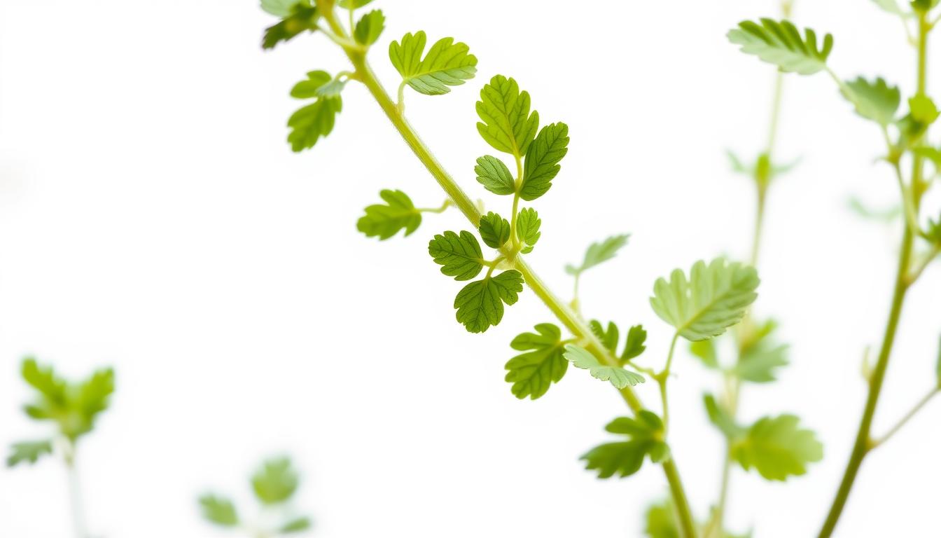 Salad Burnet A Versatile Herb for Your Dishes 3 A close-up, highly detailed photograph of the leaves and stems of a salad burnet plant (Sanguisorba minor) against a clean, minimalist white background. The lighting is soft and natural, gently illuminating the delicate green foliage and highlighting the distinctive, toothed, oval-shaped leaves. The depth of field is shallow, keeping the focal point sharp on the plant's intricate textures and structures, while the background remains subtly blurred. The overall mood is one of botanical clarity and simplicity, showcasing the unique visual characteristics that define this versatile culinary herb.