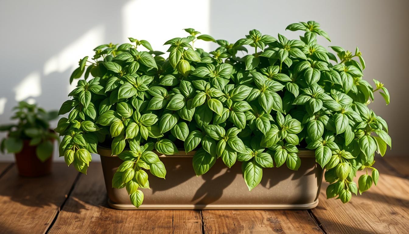 Grow Herbs Indoors All Year: 10 Best Indoor Herbs 5 A neatly arranged indoor herb garden, with vibrant green basil plants thriving in a large planter on a rustic wooden table. Soft natural lighting illuminates the leaves, casting gentle shadows that accentuate their delicate textures. The basil is the focal point, surrounded by a clean, minimalist background that allows the plant's lush foliage to take center stage. The overall atmosphere is one of simplicity, freshness, and the inviting warmth of a well-tended kitchen garden, capturing the essence of "Basil: The Kitchen Essential."