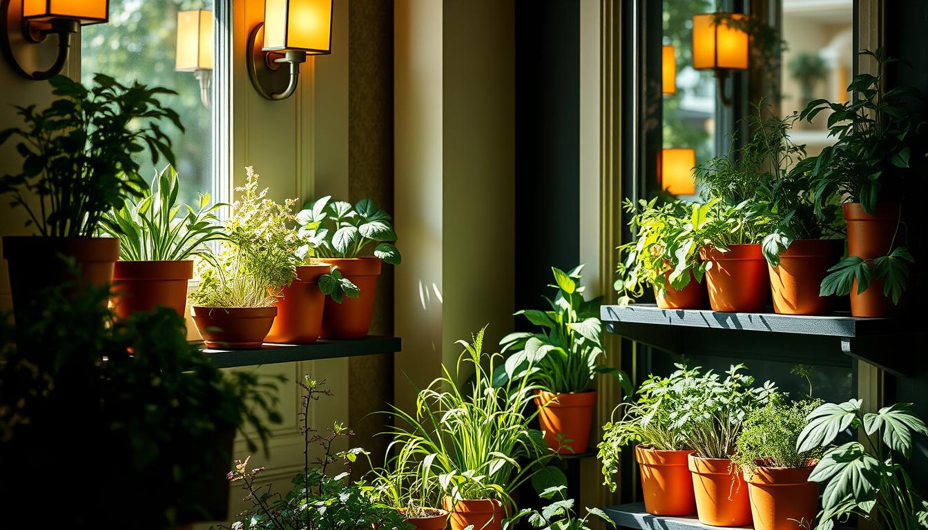 Grow Herbs Indoors All Year: 10 Best Indoor Herbs 4 A cozy, well-lit indoor herb garden in a sunny window. Verdant and lush, with various herbs in terracotta pots arranged artfully on floating shelves. Soft, warm lighting from sconces casts a gentle glow, highlighting the vibrant greens and bringing out the subtle hues of the terra cotta. The herbs stand tall and healthy, their leaves gently swaying as a gentle breeze wafts through the space. The overall atmosphere is one of tranquility and nurturing growth, inviting the viewer to imagine the flavorful possibilities of homegrown herbs.