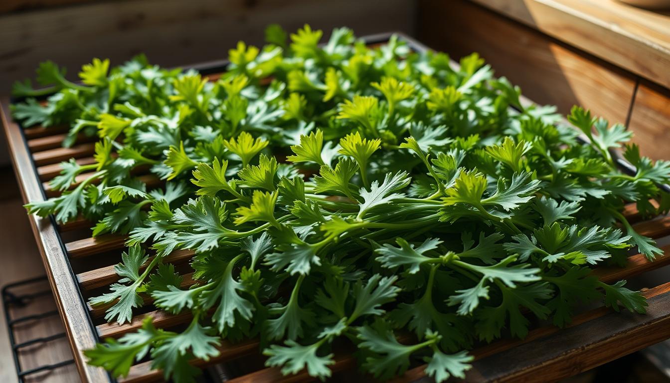 Salad Burnet A Versatile Herb for Your Dishes 6 A well-lit, close-up photograph of fresh salad burnet leaves being carefully placed on a drying rack. The leaves are vibrant green, with delicate serrated edges. The drying rack is made of wooden slats, placed in a rustic, farmhouse-style kitchen setting. Soft, natural lighting gently illuminates the scene, casting subtle shadows that accentuate the textures of the leaves. The overall atmosphere conveys a sense of care, attention to detail, and the preservation of this versatile herb for culinary use.