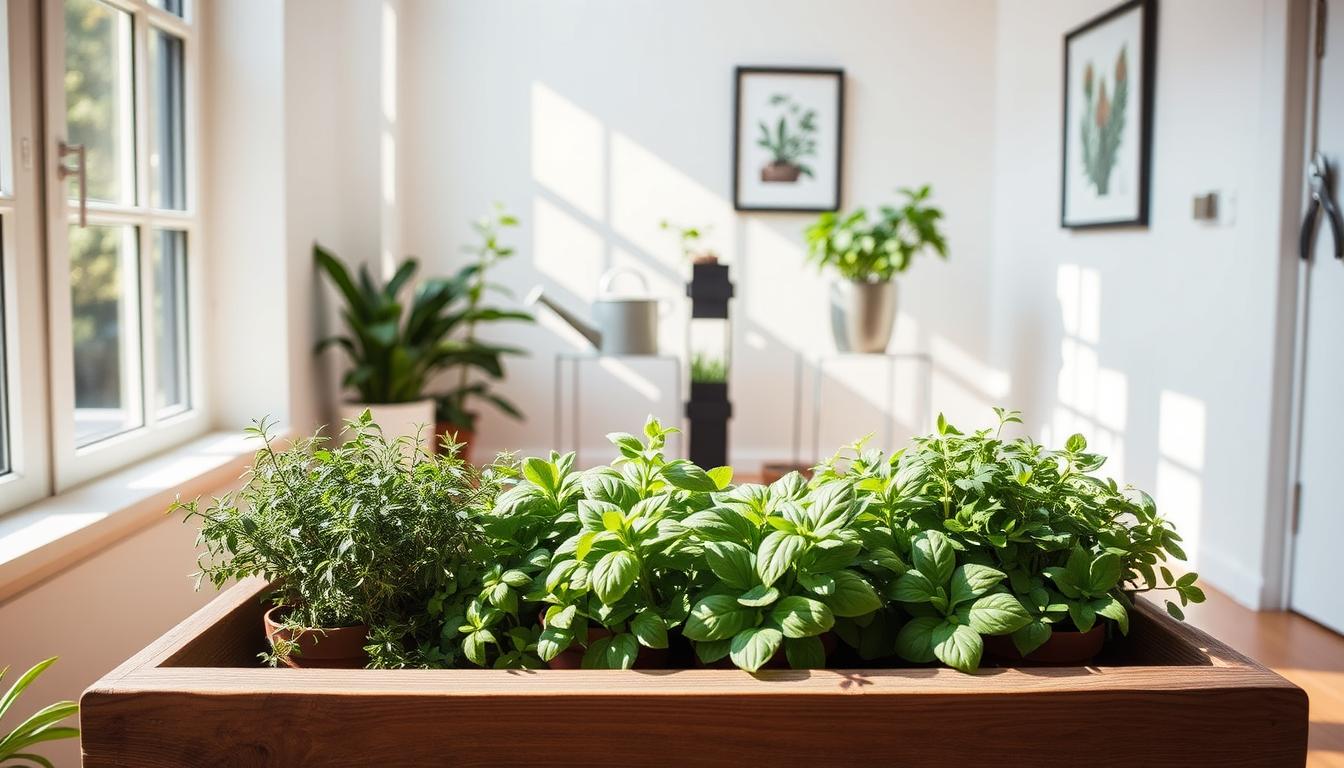 Grow Herbs Indoors All Year: 10 Best Indoor Herbs 3 A cozy, well-lit indoor herb garden, capturing the essence of "Setting Up Your Indoor Herb Garden". In the foreground, a wooden planter filled with thriving herb plants - rosemary, basil, and oregano - arranged in a visually pleasing layout. Sunlight streams in through large windows, casting a warm glow on the scene. In the middle ground, a sleek, modern plant stand holds additional herb pots, while a minimalist watering can and pruning shears sit nearby. The background features clean, white walls and a few framed botanical prints, creating a serene, spa-like atmosphere that inspires relaxation and culinary creativity.