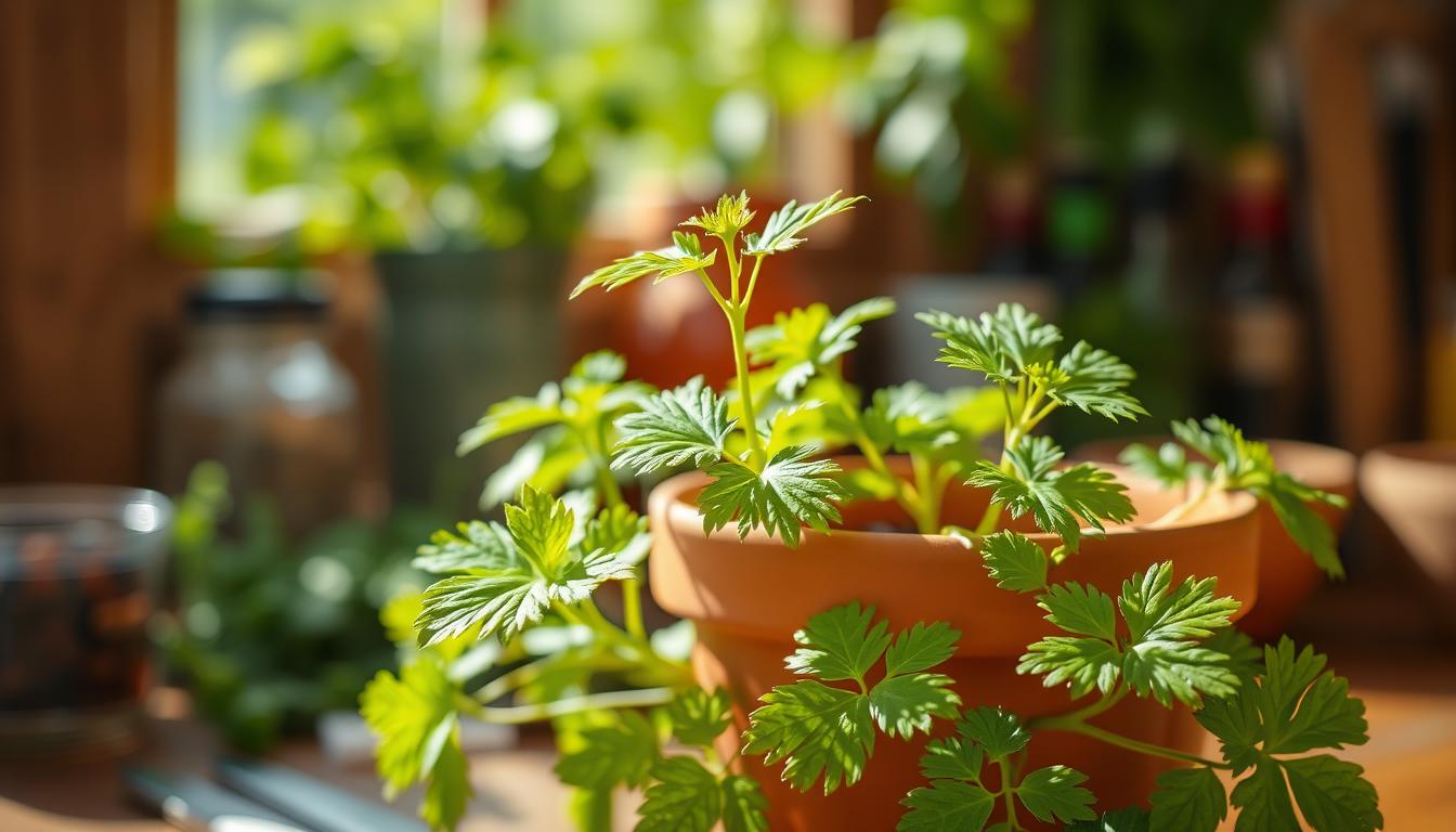 Salad Burnet A Versatile Herb for Your Dishes 5 A well-tended salad burnet plant with lush, green, serrated leaves, growing in a terracotta pot on a wooden table. Warm, natural light filters through a window, casting soft shadows. The plant is in the foreground, with a blurred background of kitchen herbs and spices. The composition emphasizes the plant's delicate beauty and the care required to cultivate it. The image conveys a sense of tranquility and the joys of tending to a homegrown culinary herb.