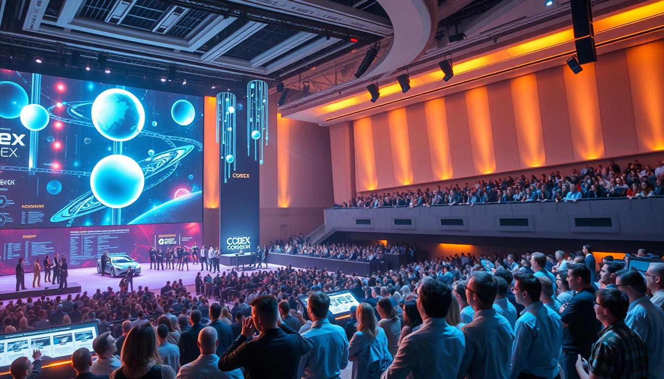 A futuristic convention hall filled with cutting-edge technology and eager attendees. Cascading holograms dance across the stage, showcasing Codex's real-world applications - from autonomous robots exploring distant planets to AI-powered medical diagnostics. The atmosphere is electric, with a palpable sense of excitement for the transformative potential of this groundbreaking language model. Sleek, minimalist displays highlight Codex's versatility, from seamless code generation to natural language processing. Warm, dynamic lighting illuminates the scene, creating a sense of awe and wonder. In the foreground, a group of innovators gesticulate animatedly, discussing the limitless possibilities unlocked by Codex. The overall impression is one of technological innovation, possibility, and the dawning of a new era.