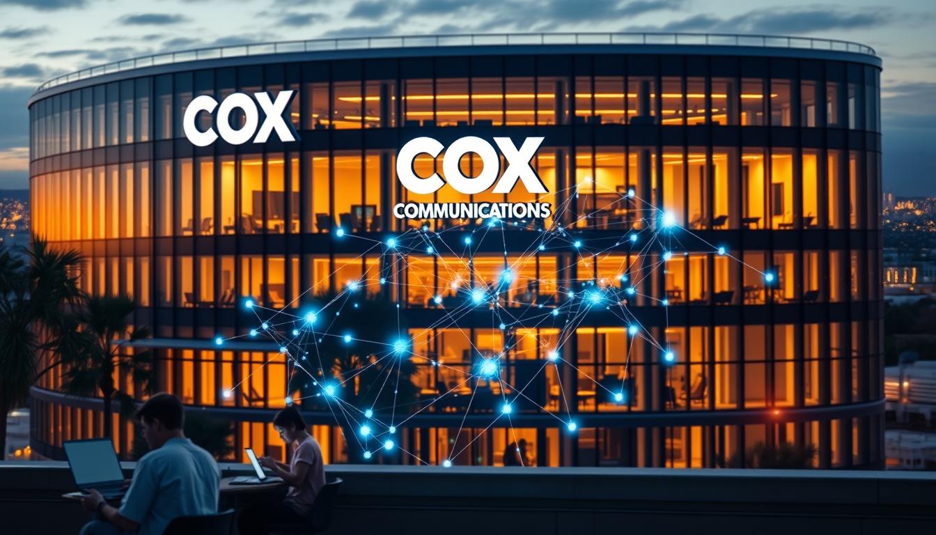 A modern, sleek office building with a prominent "Cox Communications" logo on the façade, bathed in warm, golden lighting. In the foreground, individuals using laptops and mobile devices, immersed in their work, symbolizing the reliable broadband services Cox provides. The middle ground features a stylized data network visualization, pulsing with digital energy. The background showcases a cityscape, hinting at the widespread coverage and connectivity Cox's broadband infrastructure offers. The overall scene conveys a sense of technological innovation, productivity, and the essential role Cox plays in enabling seamless communication and information access.