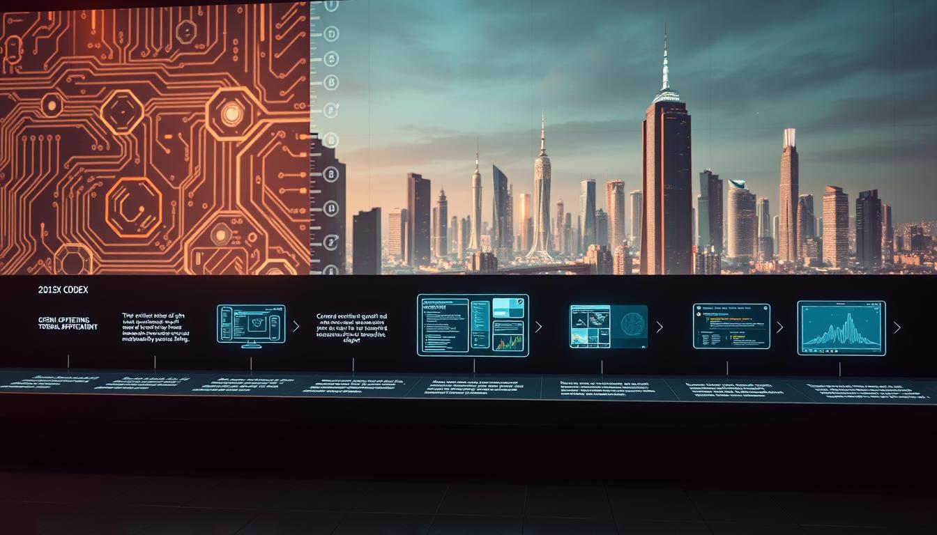 An expansive, futuristic timeline unfolds against a backdrop of glowing circuitry and technological abstractions. In the foreground, a sleek, minimalist display showcases key milestones in the development of OpenAI Codex, its innovations and capabilities meticulously detailed. The middle ground features holographic projections of Codex-powered applications, their interfaces and workflows seamlessly integrated. In the distance, a cityscape of towering, gleaming skyscrapers hints at the widespread adoption and integration of this transformative AI technology. Soft, diffused lighting casts a warm, optimistic glow, capturing the excitement and anticipation surrounding the 2025 Codex release.