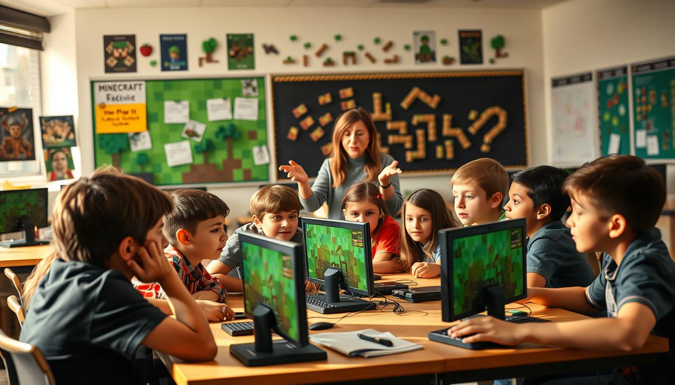 A classroom setting, with students intently engaged in a Minecraft-themed educational activity. In the foreground, a group of young learners clustered around a table, their eyes fixed on their computer screens as they collaborate on a Minecraft project. The middle ground showcases a teacher guiding the students, gesturing excitedly as they discuss the learning objectives. In the background, the classroom walls are adorned with Minecraft-inspired posters and artwork, creating an immersive and engaging educational environment. The lighting is warm and natural, reflecting the enthusiasm and curiosity of the students. The camera angle is slightly elevated, capturing the dynamic and interactive nature of the scene.