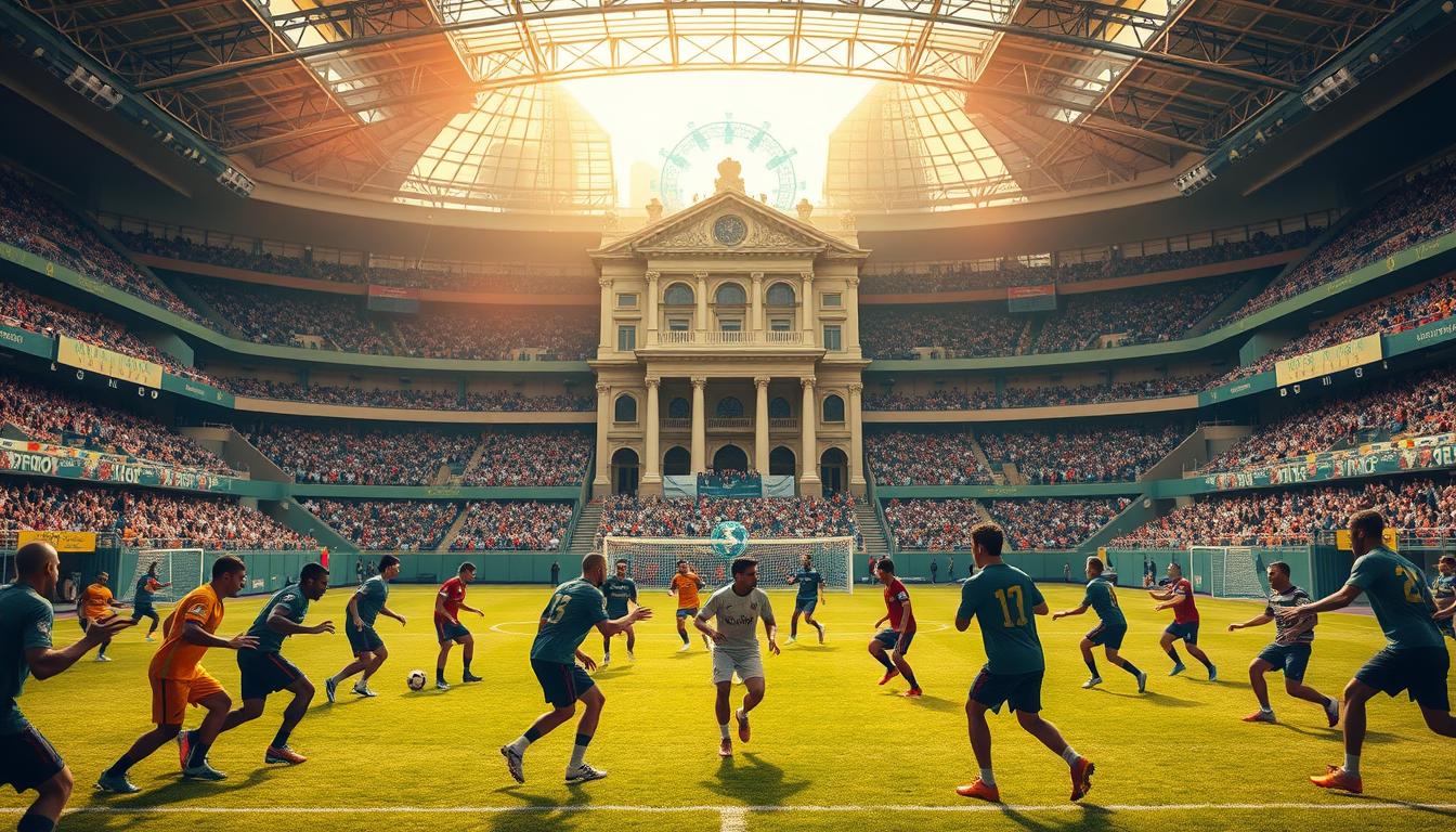 A lush, stadium-like setting with a grand, ornate central building surrounded by a bustling team training facility. In the foreground, a diverse group of skilled players engage in dynamic passing drills, their expressions focused and determined. The midground features interactive holographic displays, tactical diagrams, and coaches overseeing the session. The background depicts a manicured pitch with goal posts, flanked by towering stands filled with cheering fans. Warm, golden lighting casts a dreamlike ambiance, as if this were the ultimate realization of a football enthusiast's fantasy team.