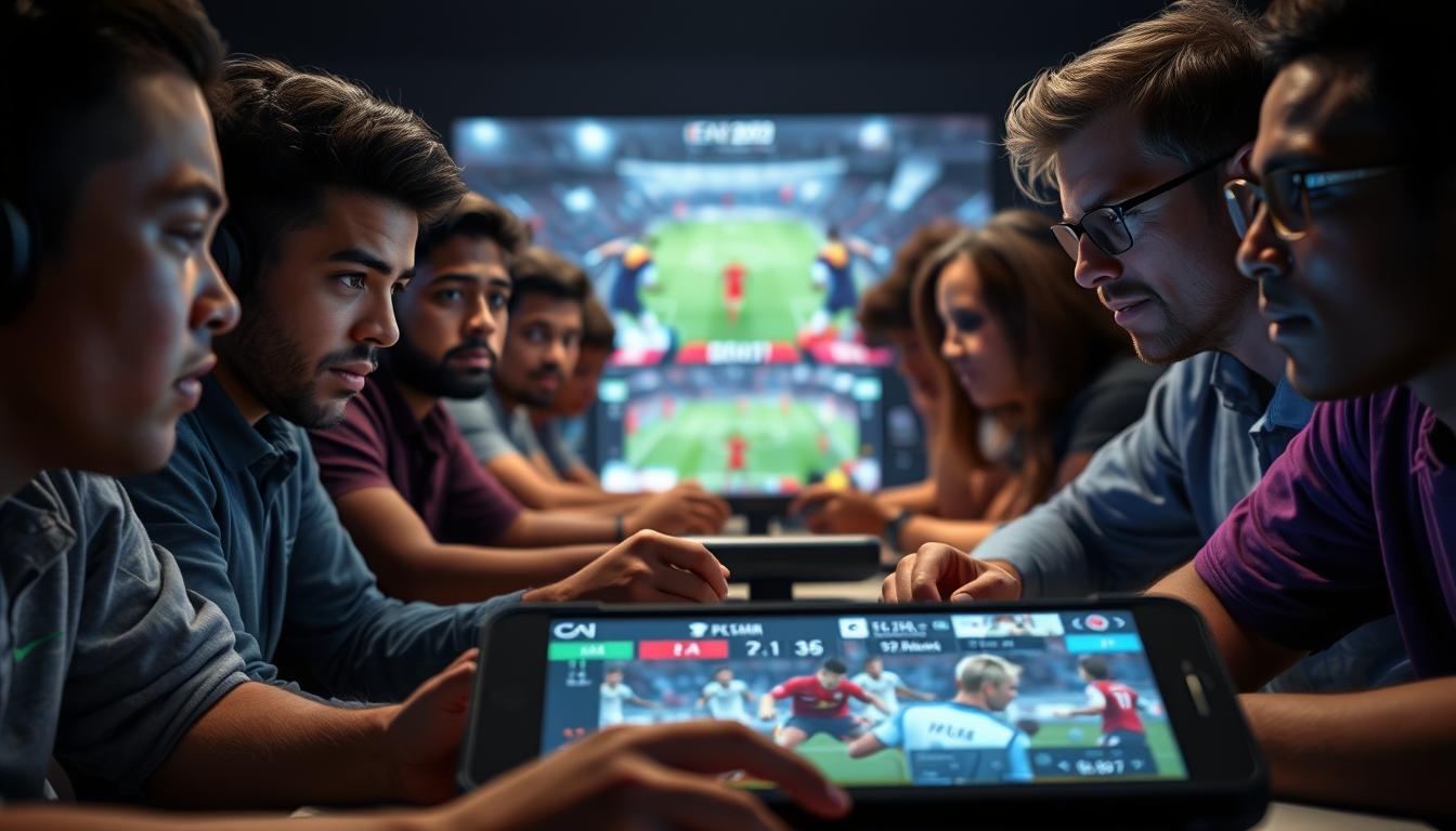A detailed evaluation of the PES game by passionate gamers. The foreground features a group of diverse gamers intensely focused on their gaming consoles, their expressions conveying a range of emotions from excitement to contemplation. The middle ground showcases the PES game interface, with vibrant graphics and dynamic player animations. The background is dimly lit, creating a sense of immersion, with subtle lighting highlighting the players' faces. The overall atmosphere is one of engaged, thoughtful assessment, capturing the essence of the PES gaming experience through the lens of player perspectives.