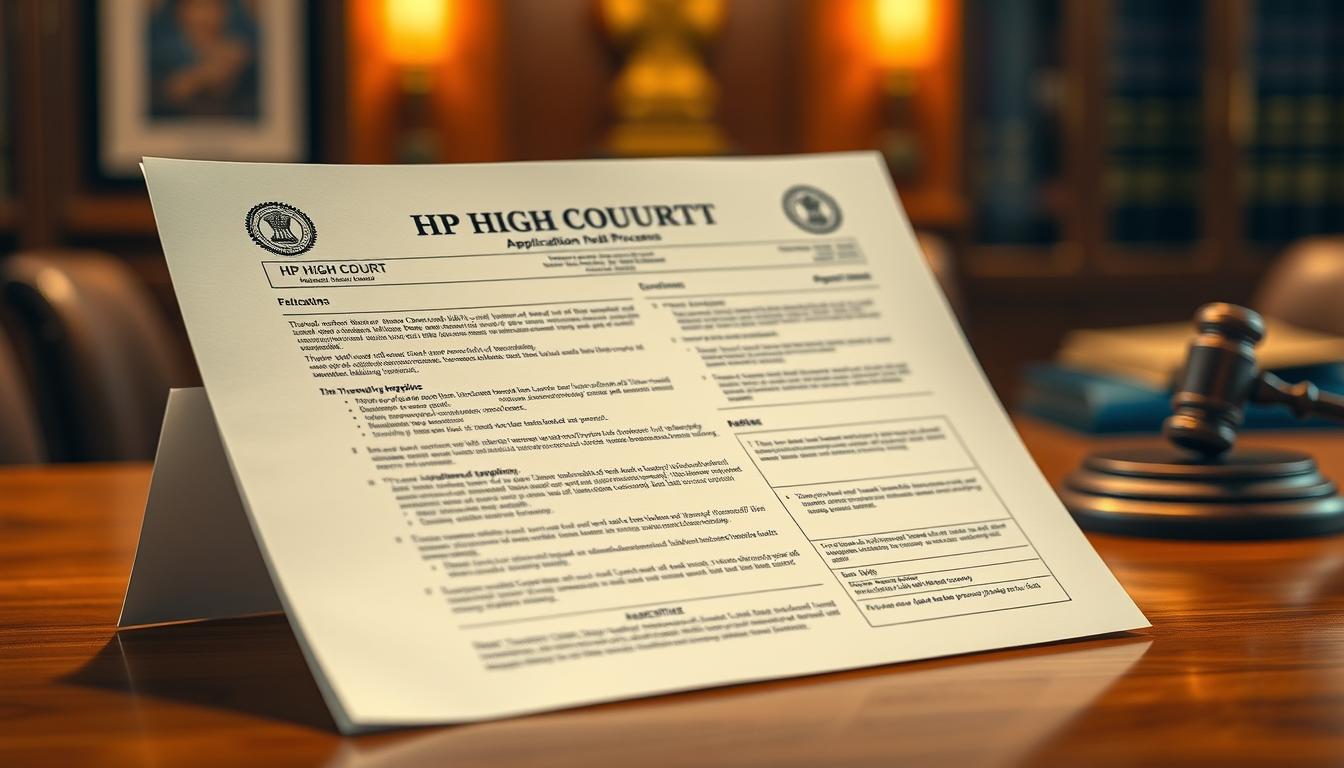 A detailed, administrative document titled "HP High Court Application Process" displayed on a wooden desktop. The document has a formal, official appearance with clear headings, bullet points, and official seals or logos. The scene is lit by warm, diffused lighting, creating a professional, authoritative atmosphere. The document is the central focus, with a blurred background hinting at a well-appointed office or legal setting. The overall impression conveys the gravity and importance of the application process for the HP High Court.
