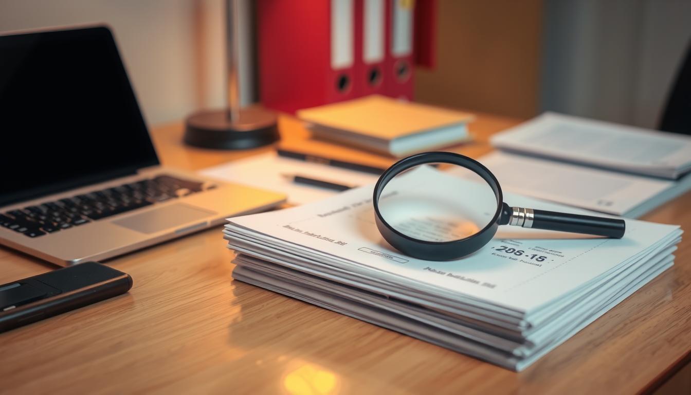A neatly organized office desk with a laptop, documents, and a magnifying glass. Soft, warm lighting illuminates the scene, creating a professional and focused atmosphere. In the foreground, a stack of official-looking documents is the central focus, representing the "दस्तावेज सत्यापन प्रक्रिया" (document verification process) for the SSC CHSL recruitment. The documents are being carefully examined, with the magnifying glass providing a closer inspection. The overall composition conveys the meticulous and thorough nature of the verification process, crucial for the SSC CHSL recruitment.