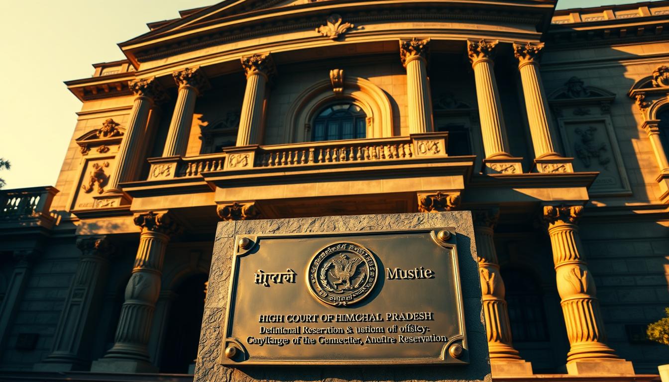 A majestic and ornate stone facade of the High Court of Himachal Pradesh, rendered in a classical architectural style with intricate carvings and columns. The building is bathed in warm, golden sunlight, casting deep shadows that accentuate its grandeur. In the foreground, a brass plaque displays the official seal and text detailing the court's reservation policy. The scene evokes a sense of authority, tradition, and the impartial administration of justice. The composition is balanced, with the building's symmetry and the plaque's central placement guiding the viewer's eye. The overall mood is one of solemn dignity and reverence for the rule of law.