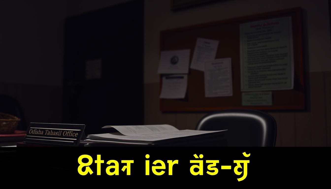 A dimly lit office interior, warm and inviting. On the desk, a stack of official documents and a nameplate reading "Odisha Tahasil Office". In the background, a cork board displays various guidelines and instructions. The lighting is a soft, muted glow, casting subtle shadows that add depth and atmosphere. The overall scene conveys a sense of professionalism and attention to detail, reflecting the importance of the "महत्वपूर्ण दिशा-निर्देश" outlined within.
