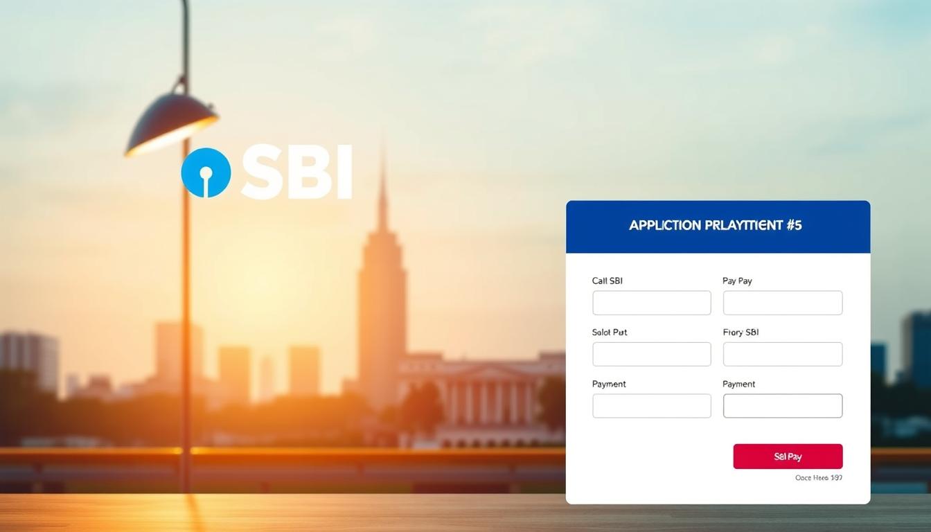 A well-designed, modern web interface featuring a prominent SBI CBO application fee payment section. The foreground shows a clean, intuitive form with fields for entering payment details. The middle ground showcases an SBI logo and branding elements, establishing the official context. The background depicts a subtle, professional cityscape, hinting at the urban setting of the SBI headquarters. Lighting is soft and warm, creating a welcoming atmosphere. The overall composition is balanced, with the payment form taking center stage and complementary design elements supporting it. The aim is to convey a seamless, user-friendly experience for applicants to confidently submit their SBI CBO application fees.