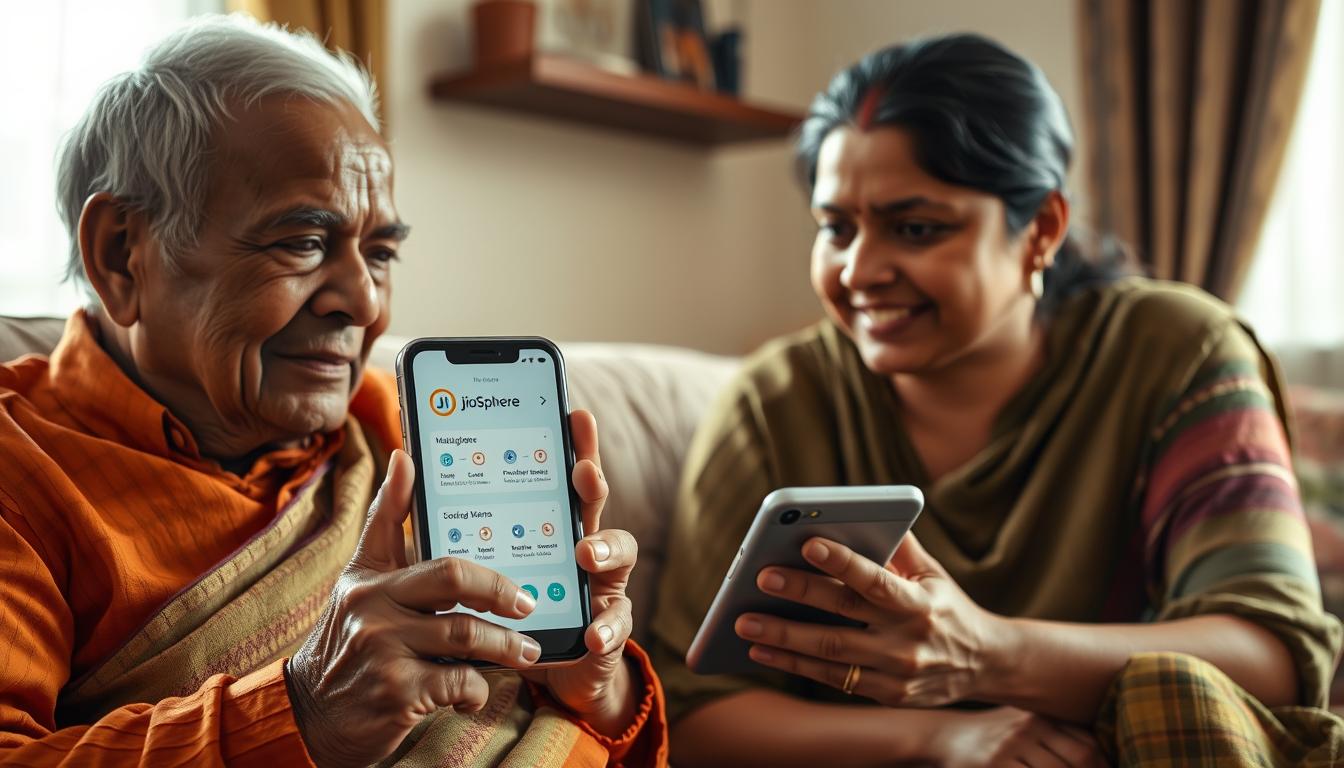 Elderly person using JioSphere Health Assistant voice commands with family member