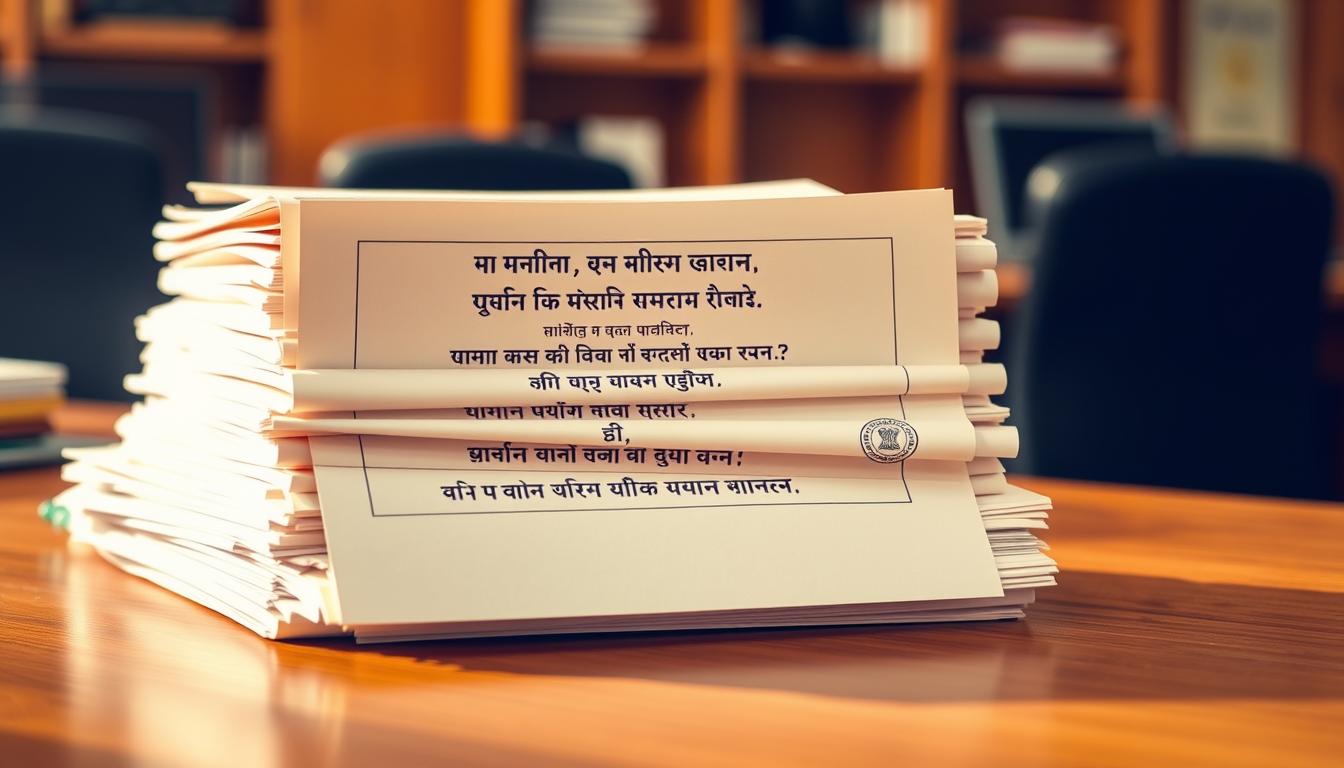 A stack of official documents in Odia language, neatly organized on a wooden desk. The documents have Odia script and seals, representing the essential paperwork required for Odisha Tahasil office recruitment. Warm, natural lighting illuminates the scene, creating a professional and authoritative atmosphere. The documents are presented in the foreground, with a blurred background of office furniture and equipment. The overall composition conveys the importance and authenticity of the required documentation for the recruitment process.