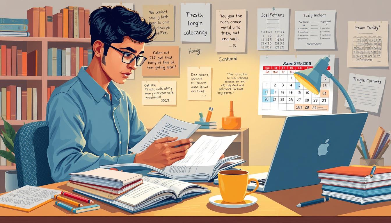 A detailed illustration of an aspirant diligently preparing for the SSC CHSL examination. The foreground features the candidate intently studying course materials, textbooks, and practice test papers, surrounded by various stationery items. The middle ground showcases a desk with a laptop, a study lamp, and a cup of coffee, suggesting a dedicated and focused study environment. The background depicts a cozy, well-lit room with bookshelves, motivational quotes, and a calendar highlighting key exam dates, conveying a sense of organization and determination. The lighting is warm and inviting, creating a serene atmosphere conducive to effective exam preparation. The overall composition emphasizes the importance of meticulous planning, diligent study habits, and a positive mindset in achieving success in the SSC CHSL examination.
