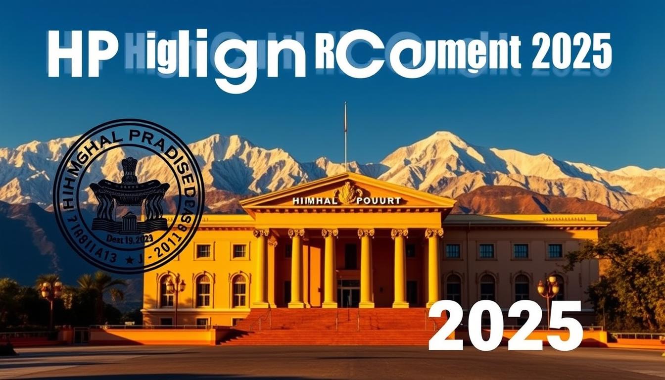 A vibrant and professional image showcasing the "HP High Court Recruitment 2025" against the backdrop of the majestic Himalayas. The foreground features the official seal or emblem of the Himachal Pradesh High Court, rendered in a clean, modern style. The middle ground depicts the iconic architecture of the High Court building, with its grand pillars and intricate details. The background is a breathtaking panorama of the snow-capped Himalayan peaks, bathed in warm, golden light. The overall composition conveys a sense of authority, tradition, and the grandeur of the judicial system in the state of Himachal Pradesh. The lighting is dramatic, with subtle shadows and highlights accentuating the architectural elements. The image has a professional, polished aesthetic, suitable for an informative article on the subject.
