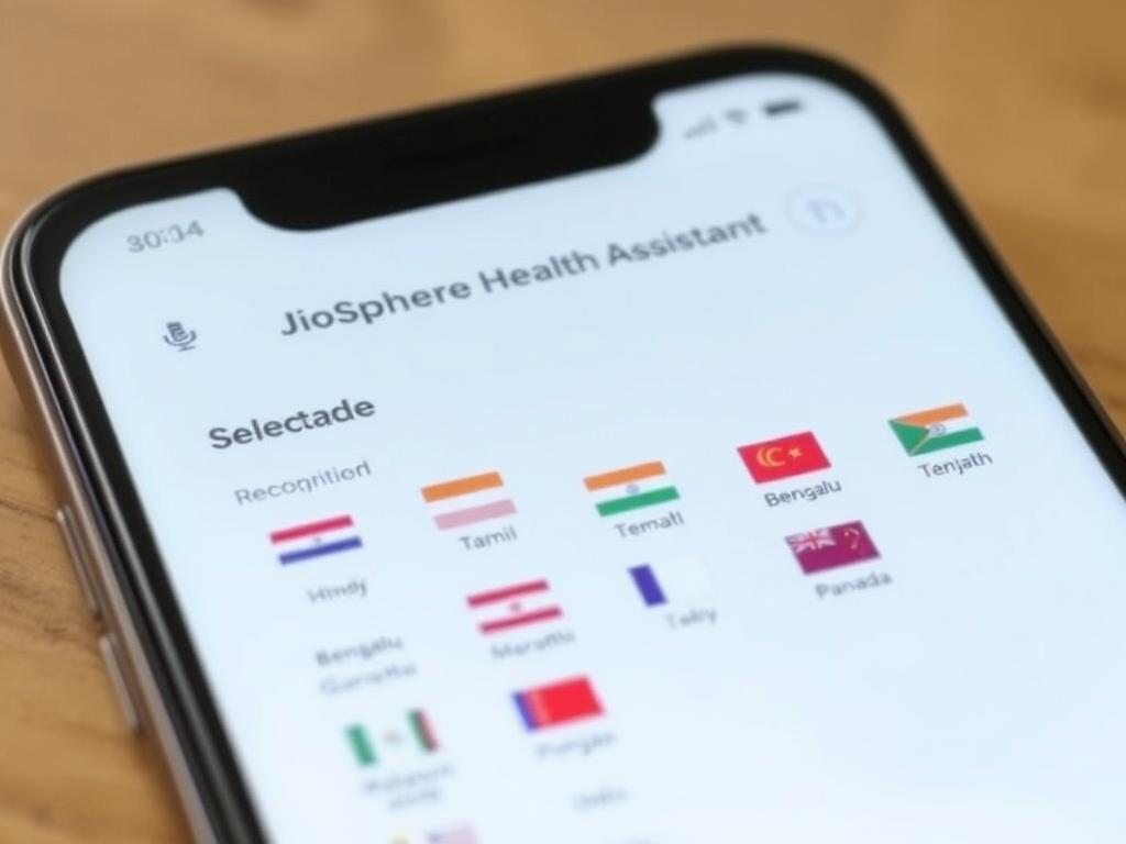 JioSphere Health Assistant language selection screen showing multiple Indian languages