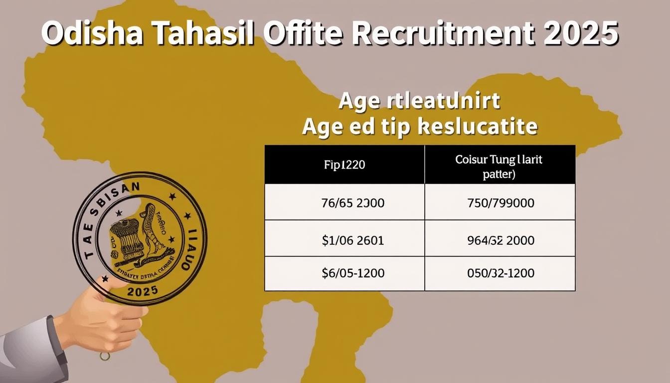 A detailed infographic showcasing the age limits and age relaxations for the Odisha Tahasil Office Recruitment 2025. Set against a vibrant backdrop of the Odisha state map, the image features a clean, minimalist layout with key information displayed in a clear, easy-to-read manner. The foreground depicts an official-looking stamp or seal, symbolizing the government authority behind the recruitment drive. The middle ground highlights the age criteria in bold, eye-catching typography, while the background incorporates subtle patterns and textures inspired by traditional Odia design elements. The overall aesthetic is professional, informative, and visually appealing, reflecting the gravity and importance of the recruitment process.