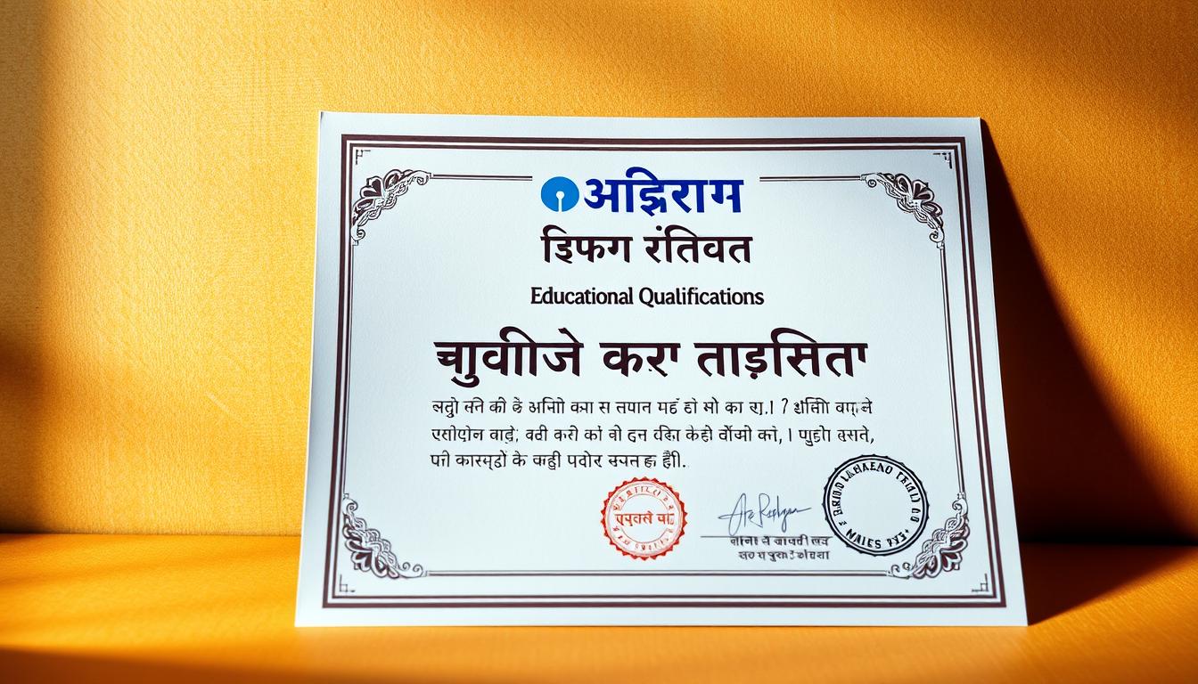 A beautifully illuminated educational certificate with intricate calligraphic text reading "SBI CBO Educational Qualifications" in Sanskrit. The certificate is displayed against a warm, earthy-toned background with subtle texture, evoking a sense of tradition and academic prestige. Soft, directional lighting casts gentle shadows, highlighting the refined details of the document. The overall composition conveys a tone of scholarly achievement and professional advancement relevant to the "SBI CBO Recruitment 2025" subject.