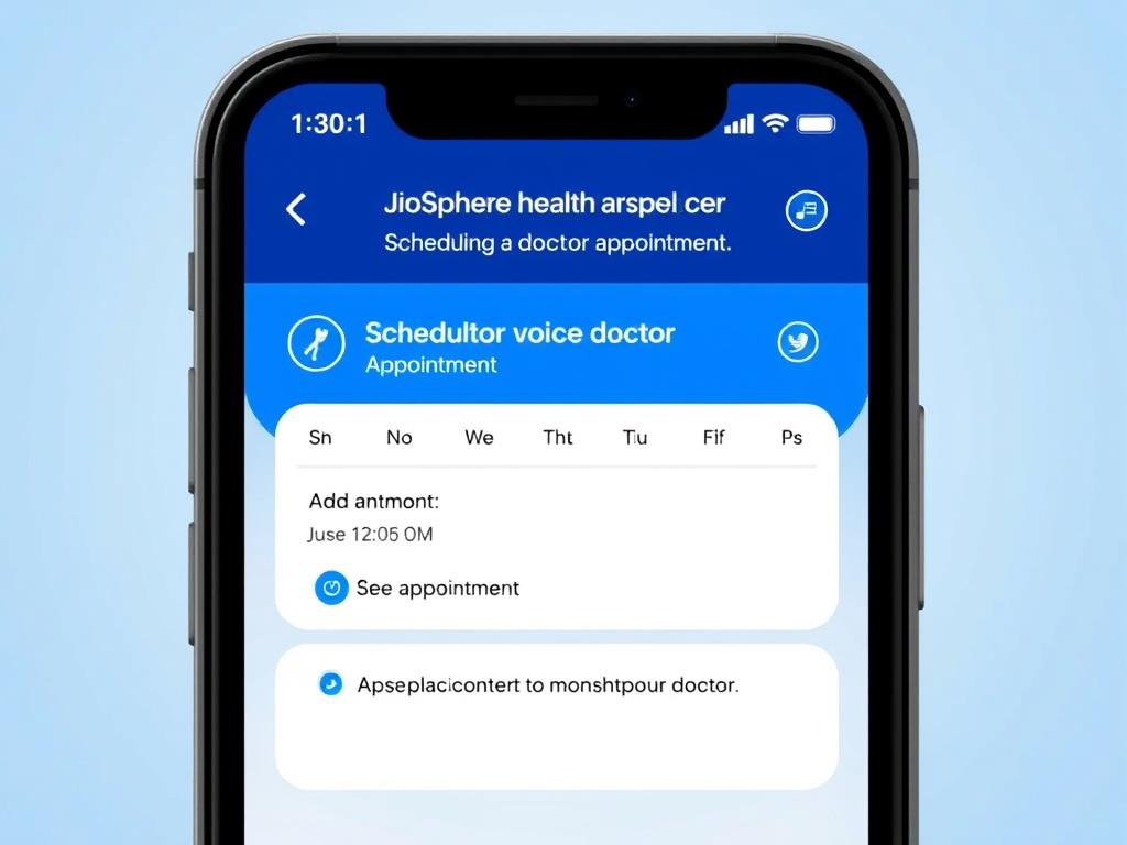 JioSphere Health Assistant interface showing voice command for scheduling doctor appointment