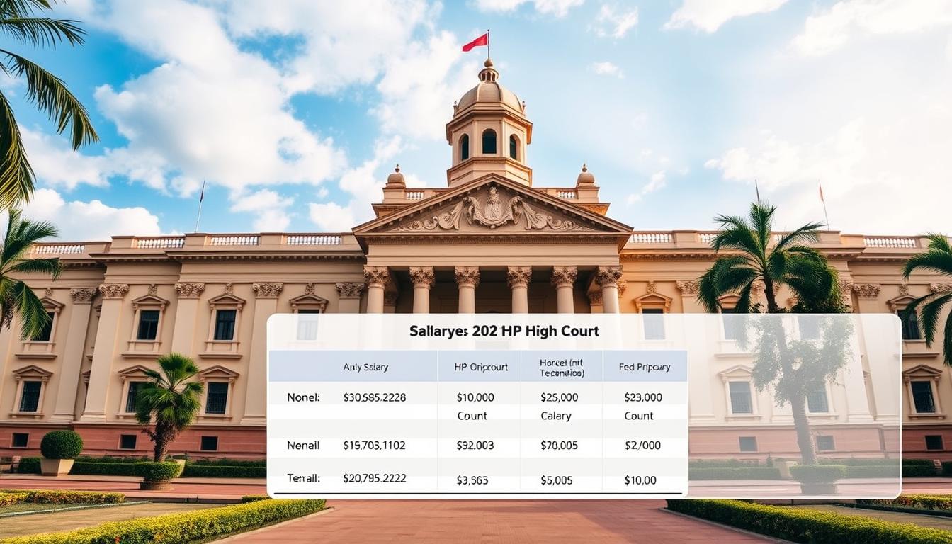 A majestic high court building set against a backdrop of azure skies, its grand neoclassical architecture adorned with intricate carvings and a towering central dome. In the foreground, a detailed illustration of the HP High Court's salary structure and employee benefits, presented in a clean, infographic-style layout with precise numerical data and icons conveying the various compensation components. The scene is illuminated by warm, natural lighting, casting a sense of professionalism and authority, complementing the gravitas of the judicial institution. The overall mood is one of informative clarity, inviting the viewer to explore the nuances of the HP High Court's compensation package.