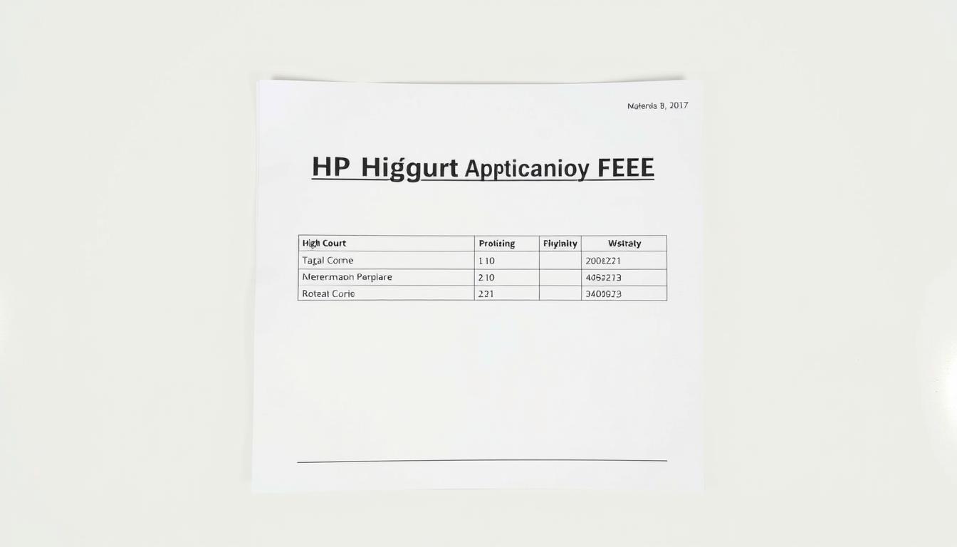 A formal, neatly presented document depicting the "HP High Court Application Fee" details. The document is shown against a neutral, off-white background, with soft, even lighting illuminating the page. The text and graphics are clear, legible, and professionally designed, conveying a sense of official authority. The layout follows a structured, organized format, making the information easy to comprehend. The overall mood is one of transparency and attention to detail, reflecting the official nature of the subject matter.