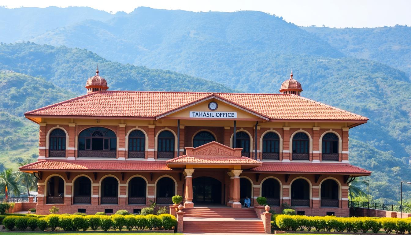 A sprawling, two-story Odisha Tahasil Office building set against a backdrop of lush, verdant hills. The structure features a distinct regional architectural style, with a combination of terracotta-tiled roofs, ornate arched windows, and intricate brick and stone detailing. The front entrance is flanked by towering columns and a grand, welcoming portico. Sunlight filters through the windows, casting a warm, inviting glow over the scene. The image captures the serene, tranquil atmosphere of the recruitment site, where prospective candidates gather to seek employment opportunities in the local government administration.