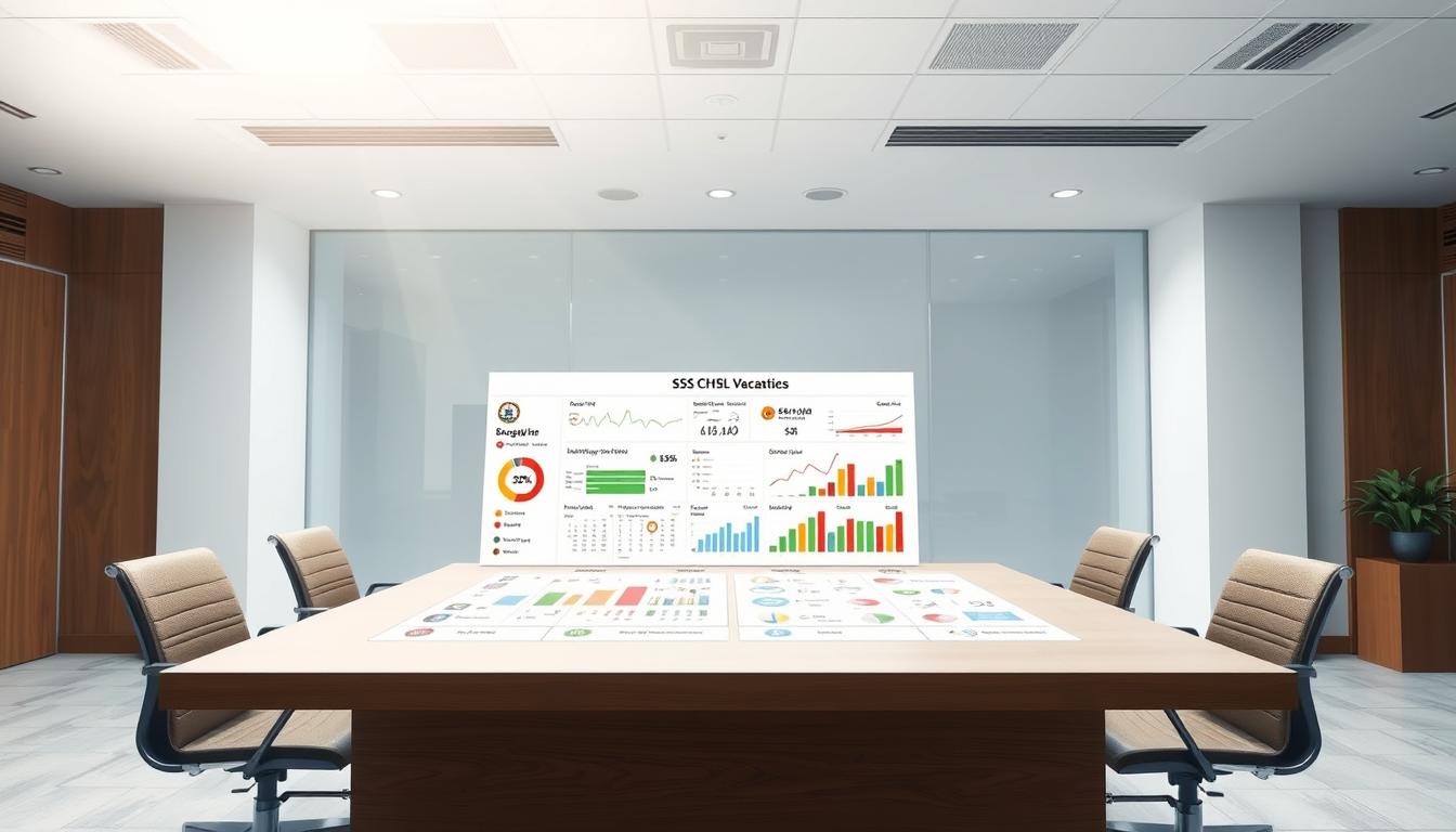 a highly detailed, accurate, and visually striking illustration of the "SSC CHSL Vacancies" department-wise distribution, with a focus on conveying the scale and diversity of the available positions. The scene should be set in a clean, modern office environment, with a central table or desk displaying a neatly organized data visualization dashboard. The dashboard should feature a breakdown of the vacancies by department, using a combination of intuitive graphs, charts, and numerical data. The lighting should be bright and evenly distributed, creating a sense of transparency and professionalism. The camera angle should be slightly elevated, allowing the viewer to take in the full scope of the information presented. The overall mood should be one of clarity, authority, and attention to detail, reflecting the importance of this recruitment drive.