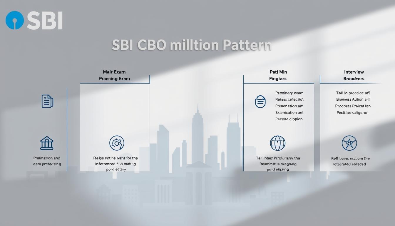 A high-contrast, detailed diagram showcasing the examination pattern for the SBI CBO recruitment. The foreground features a clean, minimalist layout with crisp icons and infographic elements delineating the various stages of the selection process, such as the preliminary exam, main exam, and interview. The middle ground depicts a stylized cityscape in muted tones, representing the nationwide reach of the recruitment drive. The background subtly evokes the SBI brand identity through the use of the iconic blue and white color scheme, creating a professional, institutional atmosphere. Lighting is soft and directional, casting long shadows to add depth and dimension. The overall mood is one of clarity, organization, and informative precision, aligning with the purpose of illustrating the examination pattern.