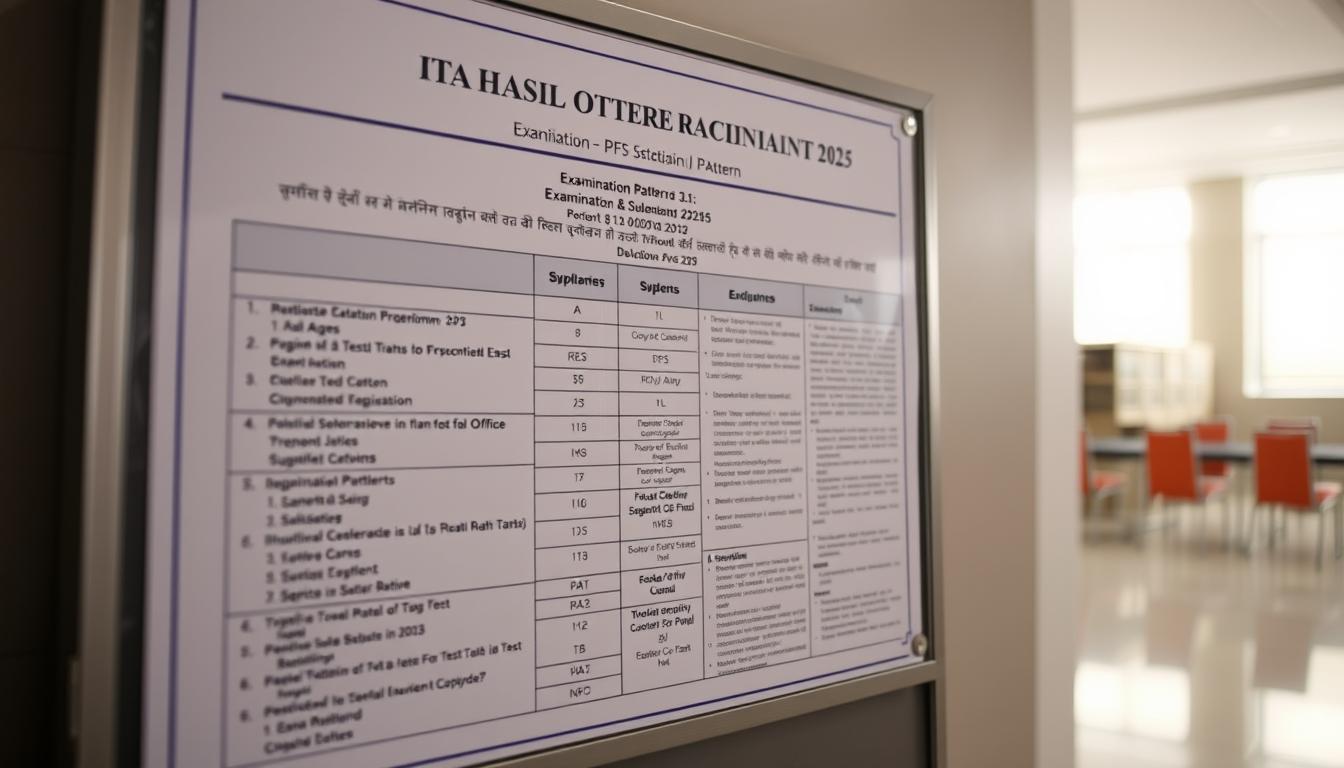 A detailed examination panel displaying the examination pattern and syllabus for the Odisha Tahasil Office Recruitment 2025, captured under soft, directional lighting with a shallow depth of field. The panel features a clean, minimalist design, with carefully arranged sections outlining the various test components, exam structure, and subject areas. The background is a muted, professional palette, allowing the information to take center stage. The overall composition conveys a sense of authority, organization, and a focus on providing clear, comprehensive details for the prospective candidates.