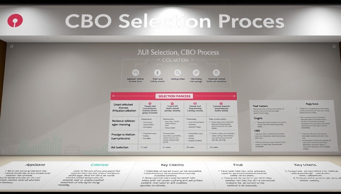 A detailed infographic illustrating the SBI CBO selection process. The foreground depicts various stages of the selection process, such as application submission, written exam, interview, and final selection, represented by clear icons and minimal text. The middle ground showcases the key criteria and requirements for the CBO role, with a clean, data-driven layout. The background features a muted, corporate-inspired color scheme with subtle patterns or textures, creating a professional and informative atmosphere. The lighting is soft and even, with a slight directional emphasis to highlight the key elements. The camera angle is slightly elevated, providing an engaging and comprehensive view of the entire selection process.