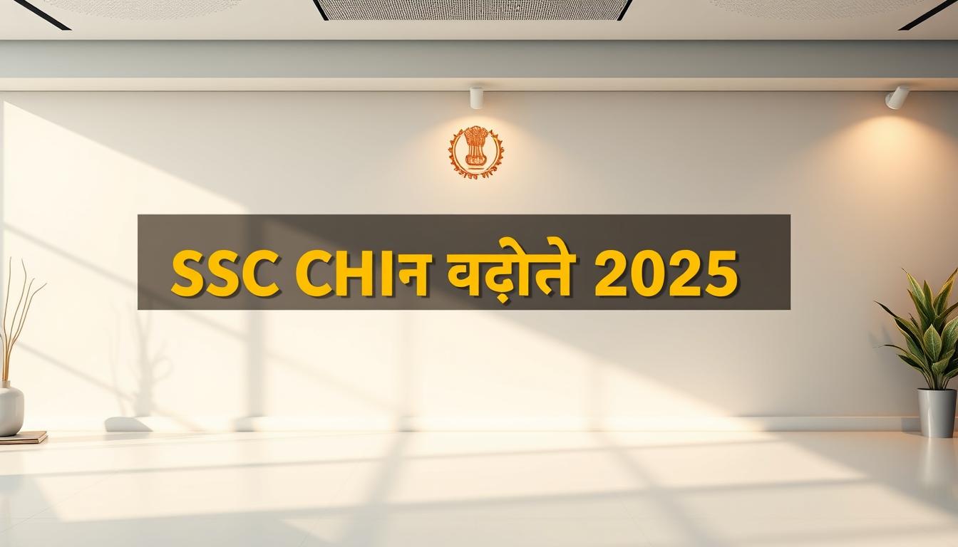 A vibrant and informative banner showcasing the "SSC CHSL Recruitment 2025" announcement. Set against a clean, professional backdrop, the central focus is a bold, eye-catching title in the Hindi script "एसएससी सीएचएसएल भर्ती 2025", prominently displayed. The layout is sleek and modern, with subtle graphic elements like government seals or icons that complement the overall design. The composition features a balanced use of negative space, allowing the key information to stand out clearly. The color palette is crisp and polished, with a harmonious blend of official colors that convey a sense of authority and reliability. The entire scene is illuminated by warm, directional lighting, casting subtle shadows and highlights to create depth and visual interest. The final image should inspire a sense of professionalism and attention to detail, reflecting the importance of the SSC CHSL recruitment drive.