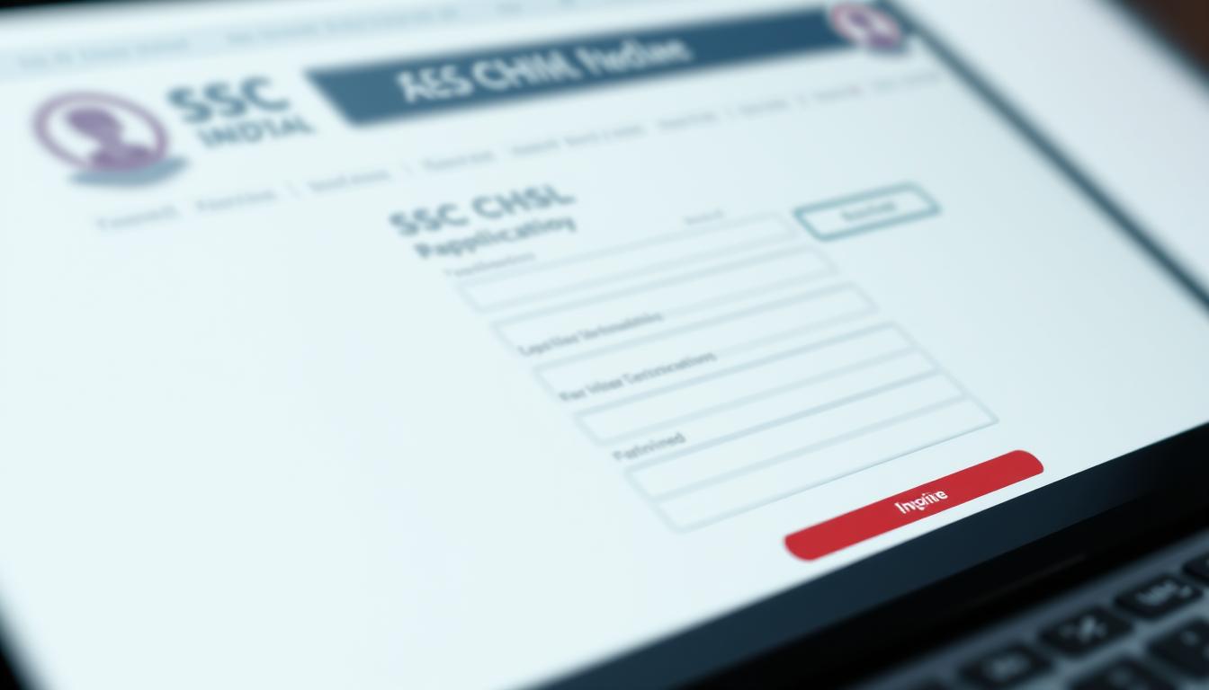 A detailed, high-resolution digital illustration depicting the online application process for the SSC CHSL (Combined Higher Secondary Level) recruitment. The image should showcase a clean, minimalist user interface with various input fields, buttons, and navigation elements arranged in a visually appealing layout. The foreground should prominently feature the form fields, while the background should have a subtle, blurred pattern or gradient that suggests a professional, official atmosphere. The lighting should be soft and diffused, creating a sense of depth and dimension. The overall mood should convey a sense of efficiency, reliability, and user-friendliness associated with the SSC CHSL online application procedure.