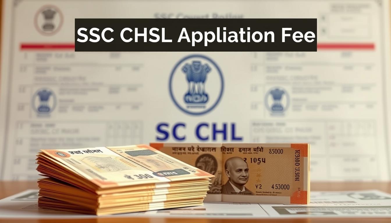 A meticulously rendered image of the "SSC CHSL Application Fee" section, set against a clean, professional backdrop. In the foreground, a stack of rupee notes in various denominations is prominently displayed, conveying the concept of payment. The middle ground features a crisp, high-resolution representation of the SSC CHSL logo, lending an official and authoritative presence. The background showcases a subtle, blurred pattern suggestive of government forms or documents, reinforcing the context of the application process. Warm, soft lighting casts a welcoming and informative mood, while the overall composition is balanced and visually engaging.