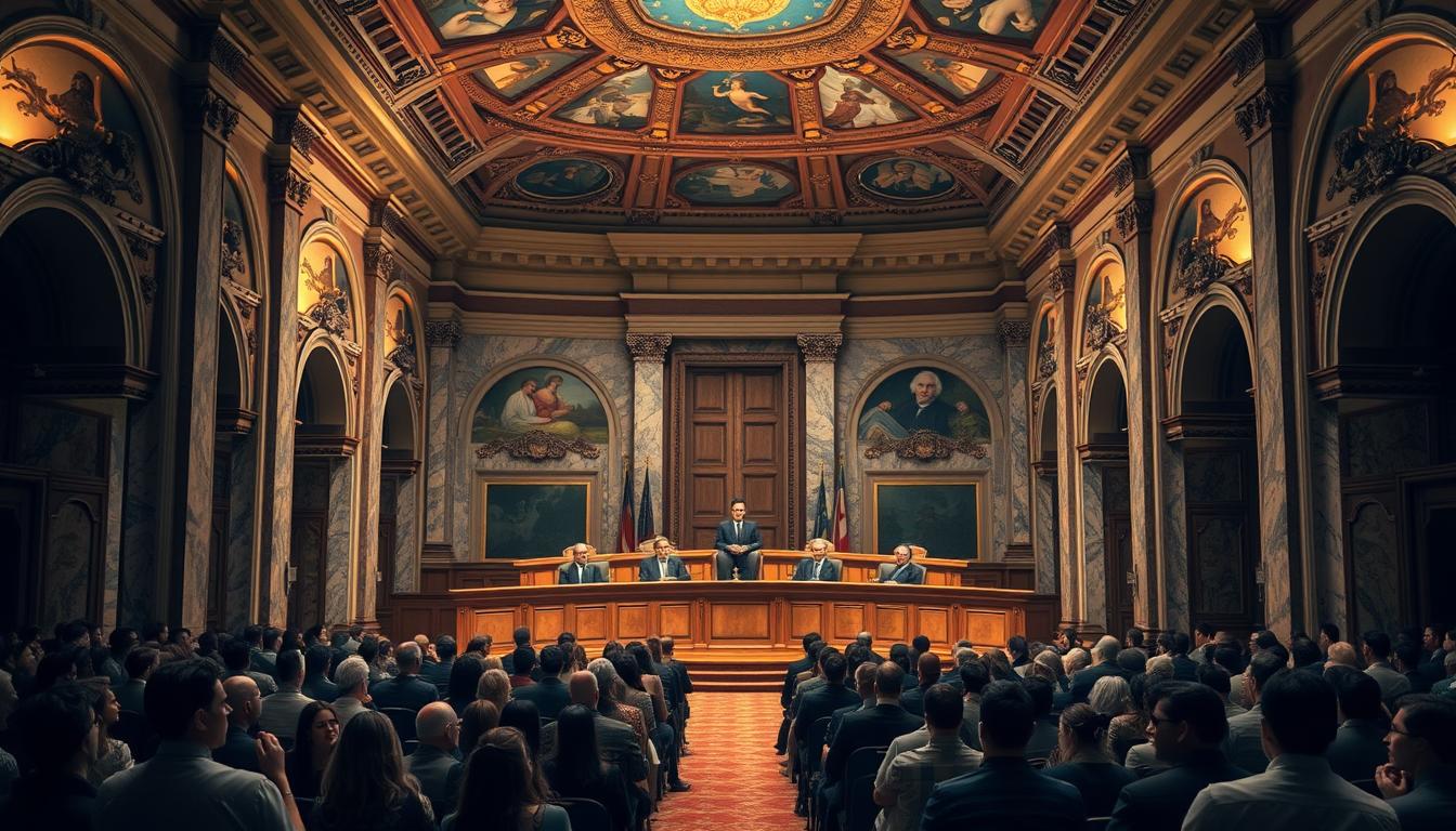 A grand courtroom interior with ornate archways, marble columns, and intricate ceiling frescoes. In the center, a semi-circular bench of esteemed judges presides over the proceedings, their expressions solemn and dignified. In the foreground, a crowd of applicants sits in neat rows, their faces filled with anticipation and determination, as they await their turn to be evaluated. Soft, warm lighting illuminates the scene, casting subtle shadows and creating a sense of reverence and formality. The overall atmosphere conveys the gravity and importance of the HP High Court selection process.