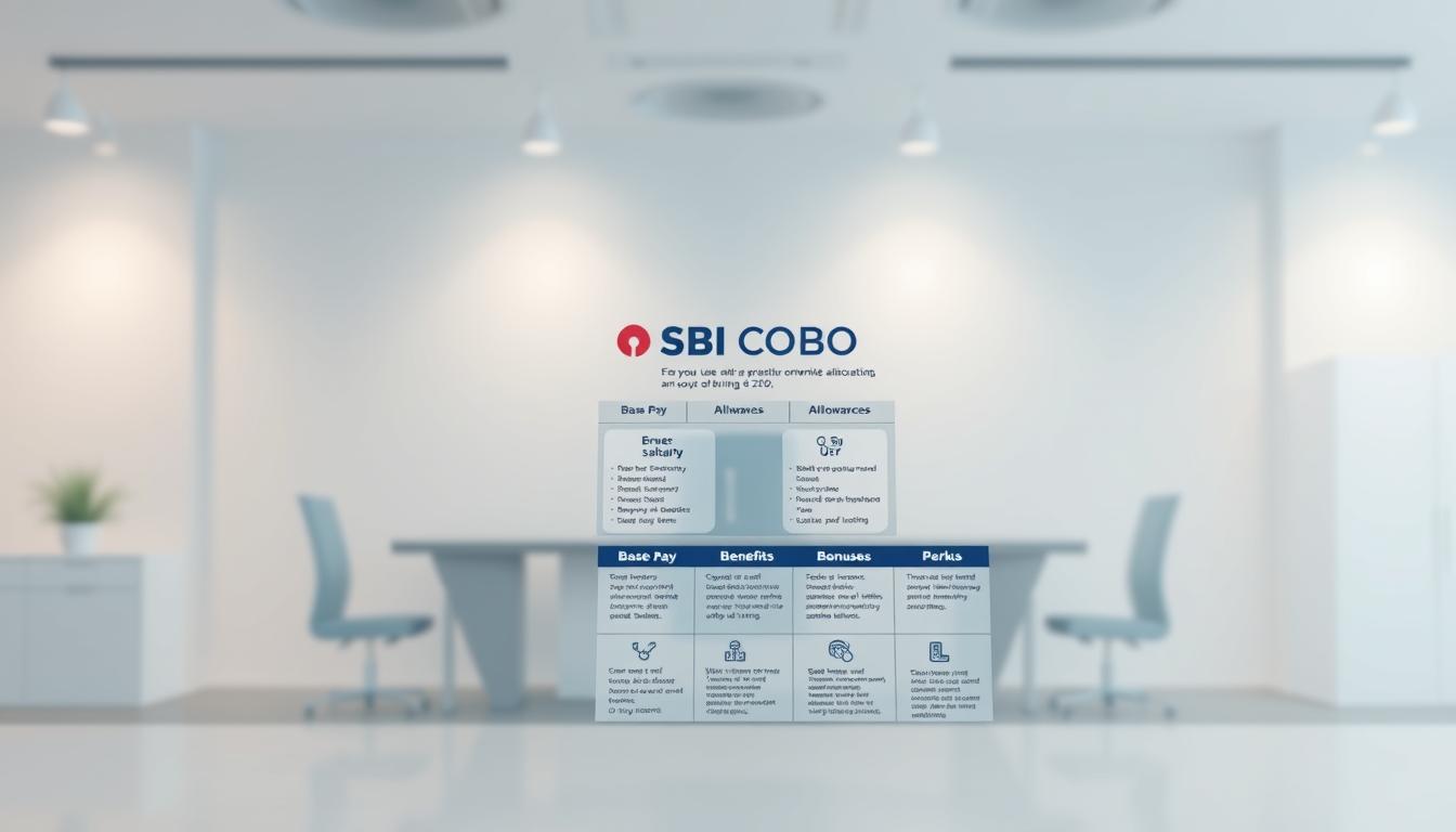 A detailed, visually striking illustration of the "SBI CBO Wage Structure" set against a clean, professional background. The foreground should feature a sleek, modern infographic showcasing the various salary components and benefits for an SBI CBO, including base pay, allowances, bonuses, and perks. The middle ground could depict an office setting with subtle SBI branding, conveying a sense of authority and stability. The background should maintain a minimalist, slightly muted tone to allow the infographic to take center stage. Lighting should be soft and directional, creating depth and emphasizing the key details. The overall mood should be one of informative clarity, reflecting the subject matter's importance in the SBI CBO recruitment process.