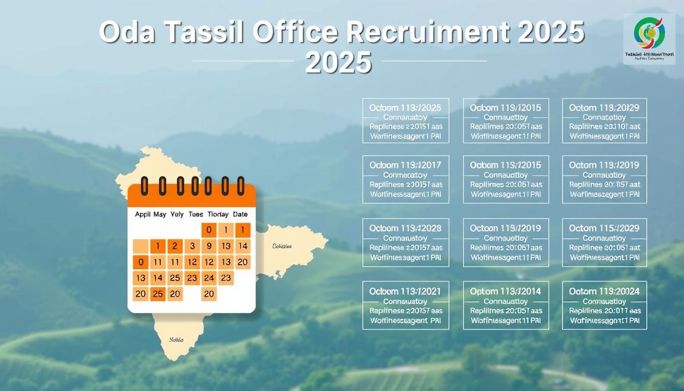 A vibrant and informative infographic showcasing the key dates and timeline for the Odisha Tahasil Office Recruitment 2025. In the foreground, a stylized calendar graphic displays the critical application and examination dates, with elegant typography and a color palette of earthy ochres and blues. The middle ground features a detailed map of Odisha's tahasil divisions, each region denoted with an icon. In the background, a soft gradient evokes the natural landscapes of the state, with hints of rolling hills and lush foliage. The overall aesthetic is professional, organized, and visually compelling, designed to effectively communicate the important schedule details to prospective candidates.