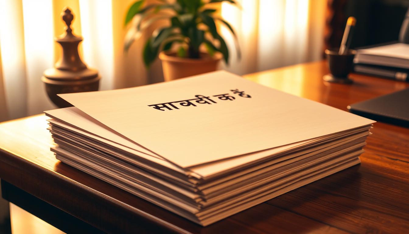 A stack of official-looking documents on a wooden desk, illuminated by warm, golden lighting. The top document has the prominent text "HP उच्च न्यायालय भर्ती दस्तावेज" in Devanagari script, suggesting it is a recruitment document from the High Court of Himachal Pradesh. The desk is situated in a cozy, professional office setting, with a potted plant and a pen holder visible in the background. The documents appear crisp and well-organized, conveying a sense of importance and attention to detail.