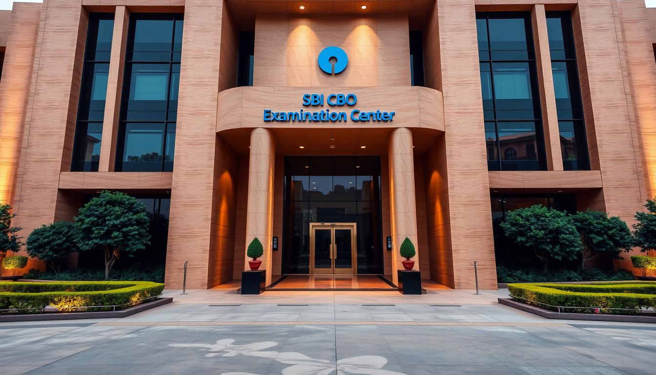 A grand, modern building with a prominent facade featuring the SBI logo and the words "SBI CBO Examination Center" prominently displayed. The structure has a symmetrical design with a central entrance flanked by tall, elegant pillars. The exterior is made of sleek, polished granite in a warm beige tone, creating an air of professionalism and authority. The building is situated in a well-manicured courtyard, with neatly trimmed hedges and lush, verdant landscaping. Warm, diffused lighting illuminates the scene, casting a welcoming glow on the entrance. The overall atmosphere conveys a sense of order, efficiency, and the gravity of the important examinations held within.