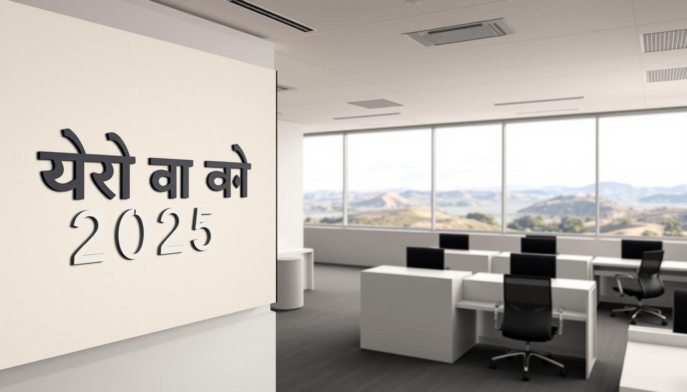 A modern and minimalist office setting, with a clean and professional atmosphere. The foreground features a large, prominently displayed "ओडिशा तहसील भर्ती 2025 अधिसूचना" announcement, presented in a sleek, sans-serif typeface against a neutral, slightly textured background. The middle ground showcases a row of desks and office chairs, suggesting an organized and efficient workspace. The background depicts a panoramic view of the Odisha landscape, with rolling hills and a serene, cloudless sky, creating a sense of tranquility and regional identity. The lighting is soft and diffused, creating a warm and professional ambiance. The overall composition conveys a sense of authority, competence, and regional pride.