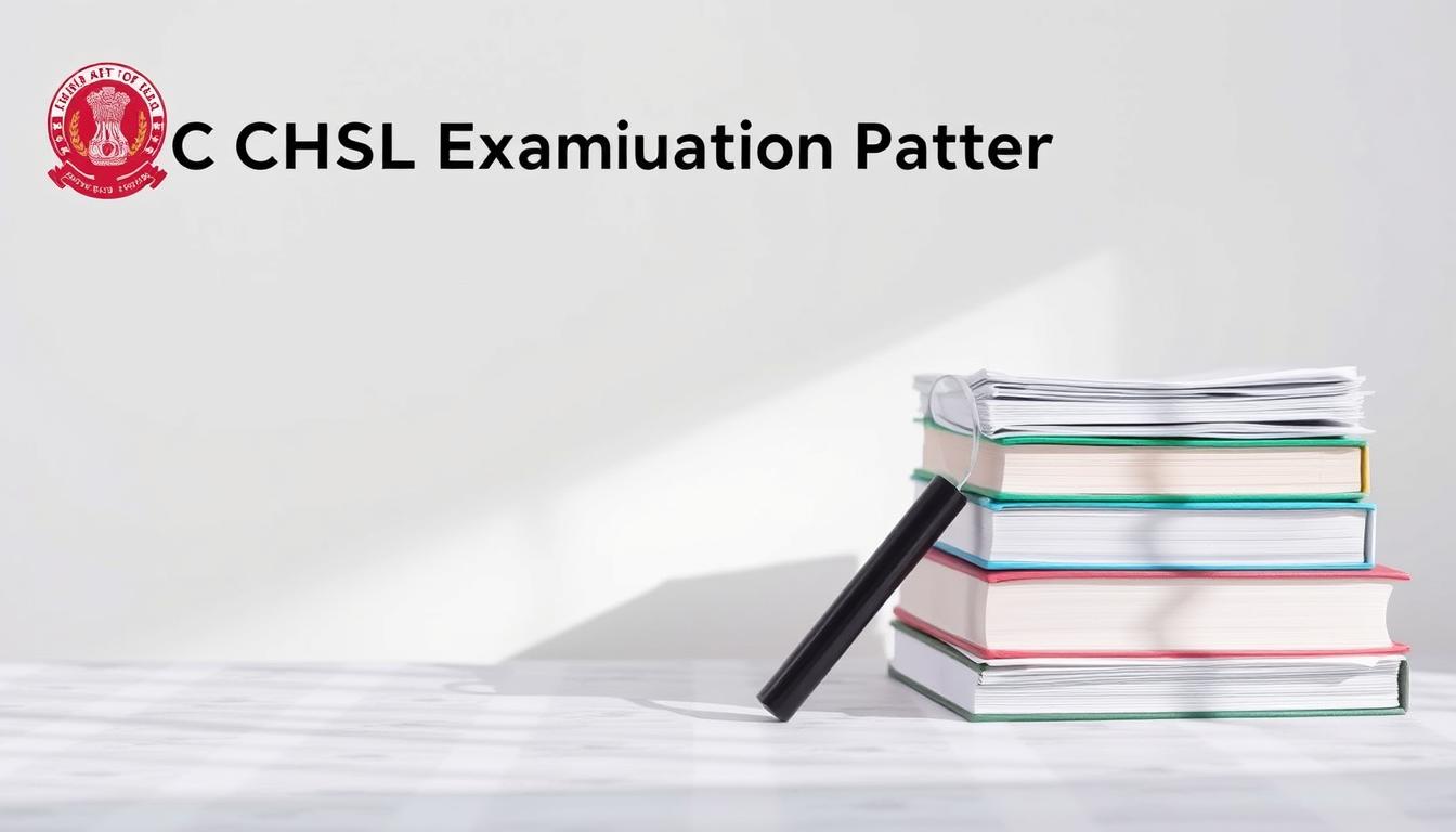 A detailed image of the examination pattern for the SSC CHSL (Combined Higher Secondary Level) recruitment exam. The foreground depicts a stack of books and papers representing the exam syllabus and study materials. The middle ground showcases a magnifying glass symbolizing the scrutiny and attention to detail required in the selection process. The background features a clean, minimalist layout with a subtle gradient, creating a professional and academic atmosphere. The lighting is soft and diffused, casting gentle shadows to accentuate the textural elements. The overall composition conveys the rigor, focus, and importance of the SSC CHSL examination pattern and selection procedure.